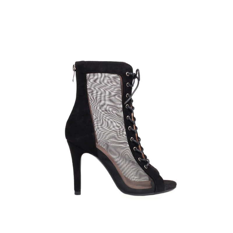 Black Suede Peep Toe Lace Up Mesh Stiletto Heel Boots for Women - Sexy High Heels for Party, Night Out & Evening Wear - Fashionable Dress Boots for Date Night & Special Occasions