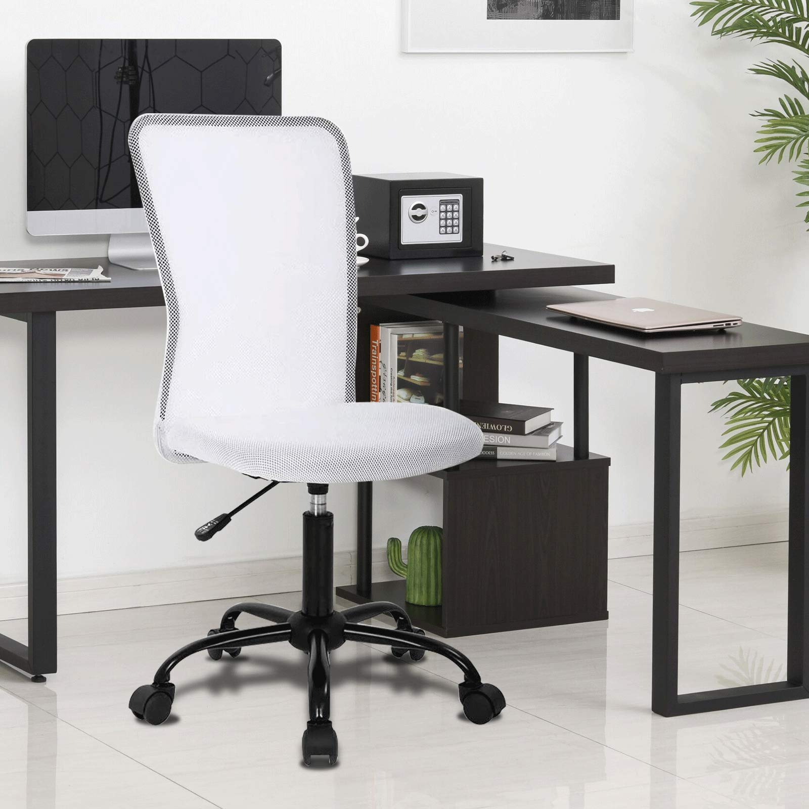 Ergonomic Mid Back Mesh Office Chair - Adjustable Height Modern Task Chair with Wheels & Swivel, No Armrest Rolling Computer Desk Chair for Home Office, Student, and Gaming Use - White