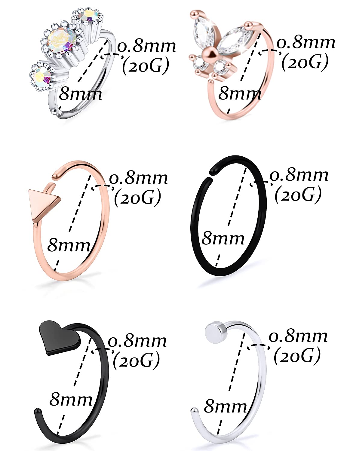 Vsnnsns 20G Stainless Steel Nose Rings - 8mm Hoop for Cartilage, Helix, Septum - Body Jewelry for Women & Men - Perfect for Daily Wear & Gifting