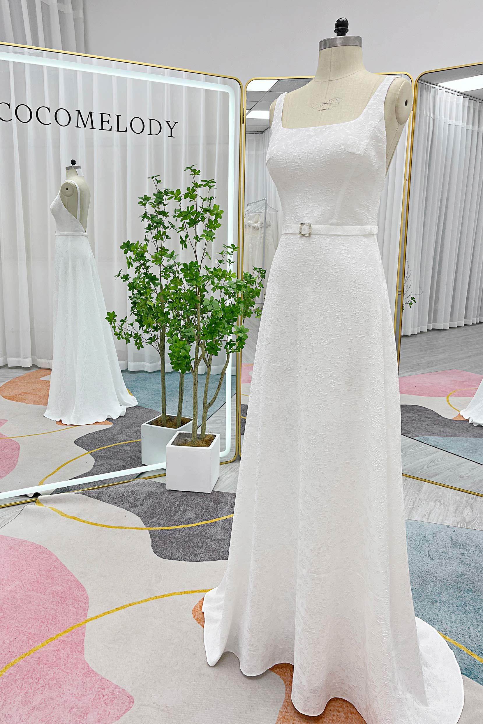 Elegant Mermaid Sweep Brush Train Jacquard Satin Wedding Gown CW3296 - Perfect for Beach, Church, and Formal Wedding Ceremonies