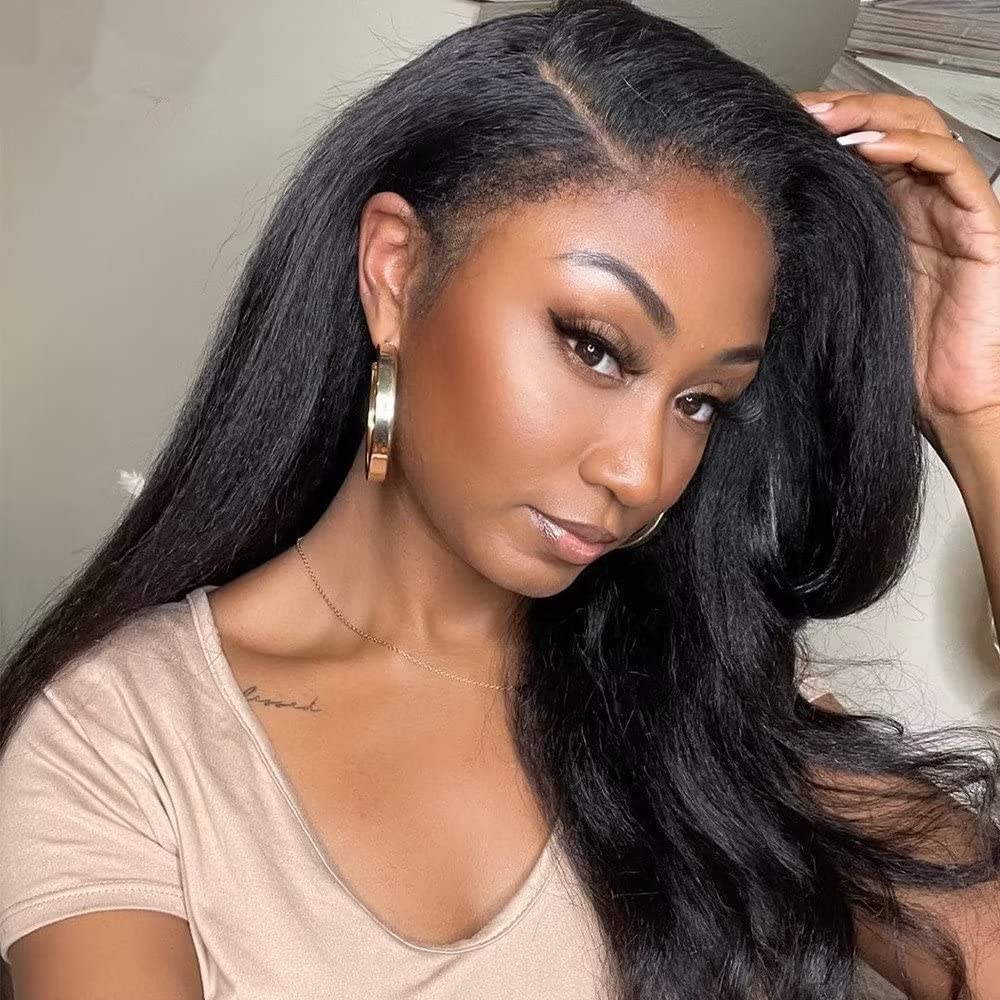 13x6 HD Lace Front Wig - 150% Density Kinky Straight Human Hair with Baby Hair for Black Women | Pre-Plucked Natural Hairline, Italian Yaki Texture, 16 Inch | Perfect for Daily Wear, Parties & Special Occasions