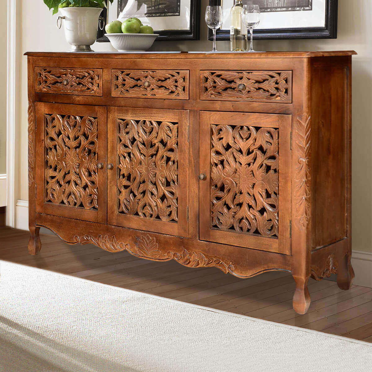 Hand Carved Buffet Table in Natural Finish | Solid Wood 3-Door Sideboard with Drawers for Dining Room Storage & Display