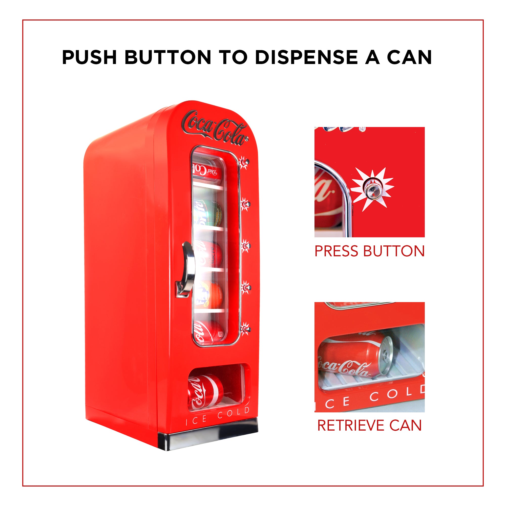 Mini Coca Cola Vending Machine Fridge - 10 Can Cooler with Display Window & Push Button Dispenser, 12V DC/110V AC Portable Beverage Cooler for Home, Office, Dorm, Car, RV - Perfect for Soft Drinks, Beer & Energy Drinks (Red)