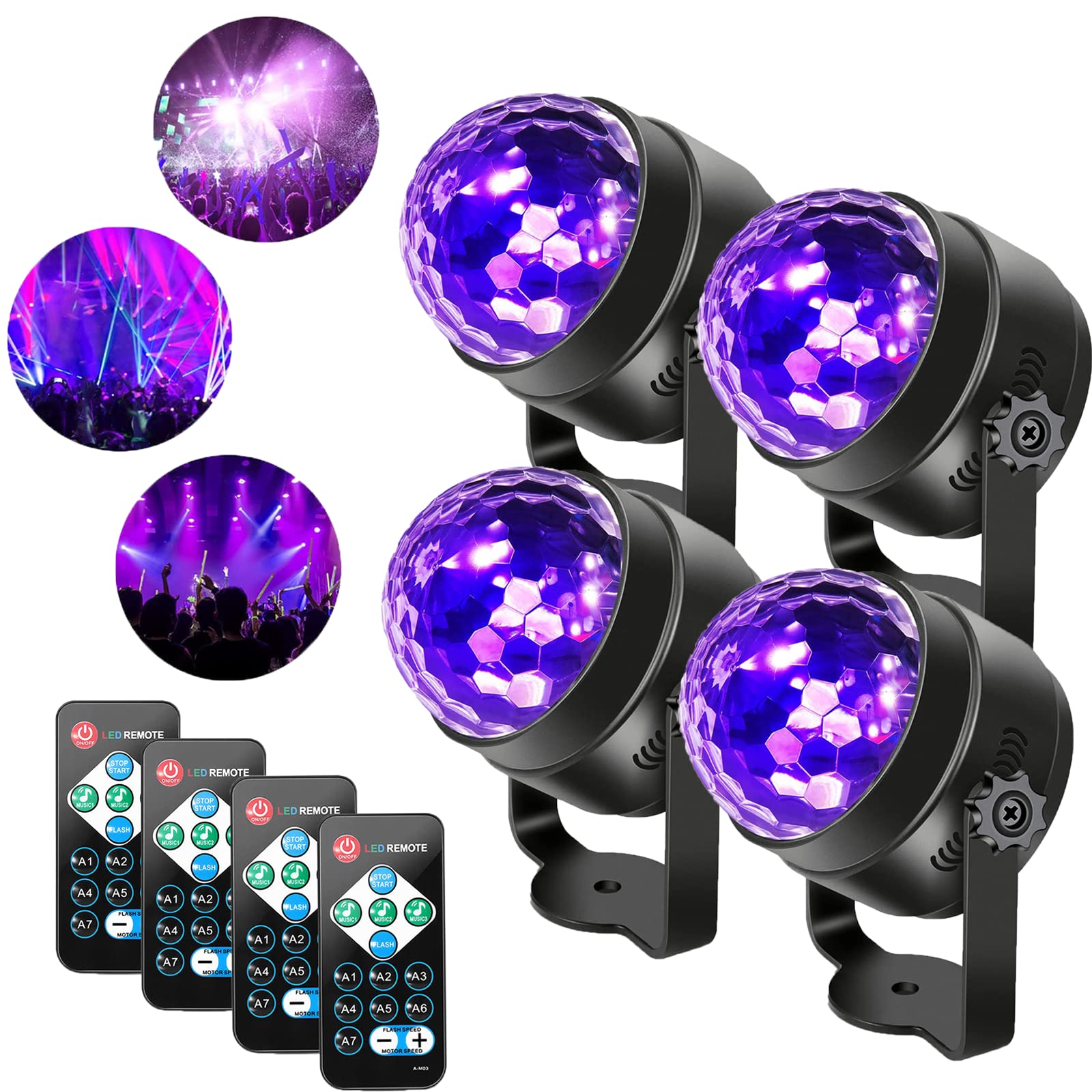 6W Black Light LED Disco Ball Party Lights - Sound Activated with Remote Control, 7 Lighting Modes for Glow Parties, Halloween Decorations, Birthday Events, DJ Bars & Christmas Celebrations (4 Pack) - Perfect for Nightclubs, Home Dance Parties & Themed Events