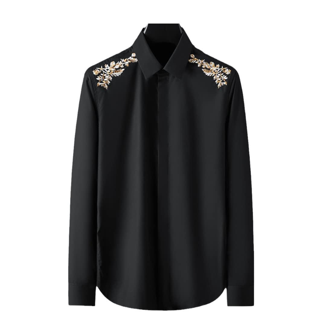 Premium Embroidered Men's Long Sleeve Dress Shirt - Business Formal Wear, Office Attire, Social Events & Stage Performance Clothing for Singers & Performers | Perfect for Weddings, Interviews & Special Occasions