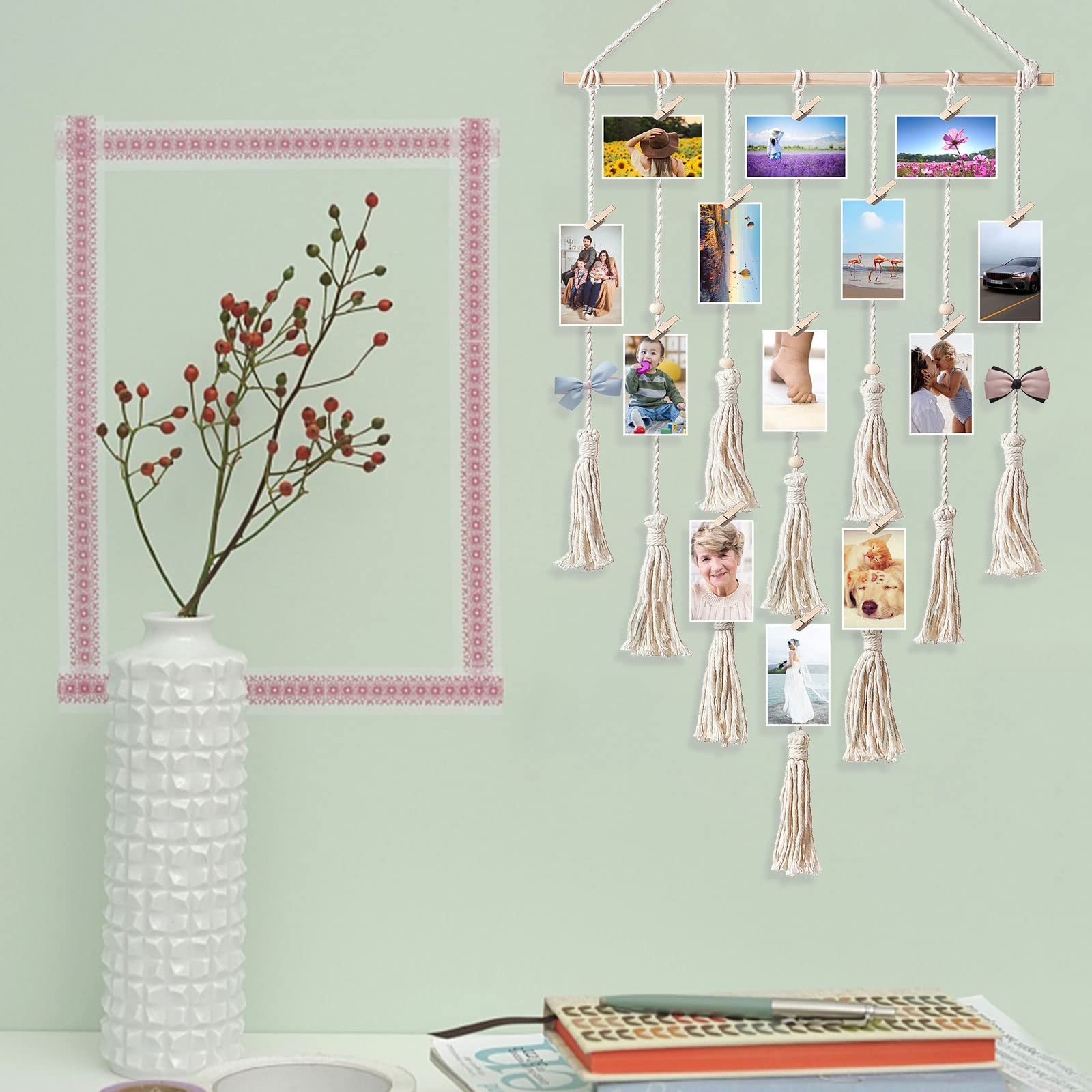 Kyoryuger Macrame Wall Hanging Photo Clip Holder - Boho Chic Bedroom Decor, Perfect Gift for Teen Girls, Mom, Grandma, Nana, Friends & Women, Ideal for Birthdays, Memorials & Home Styling
