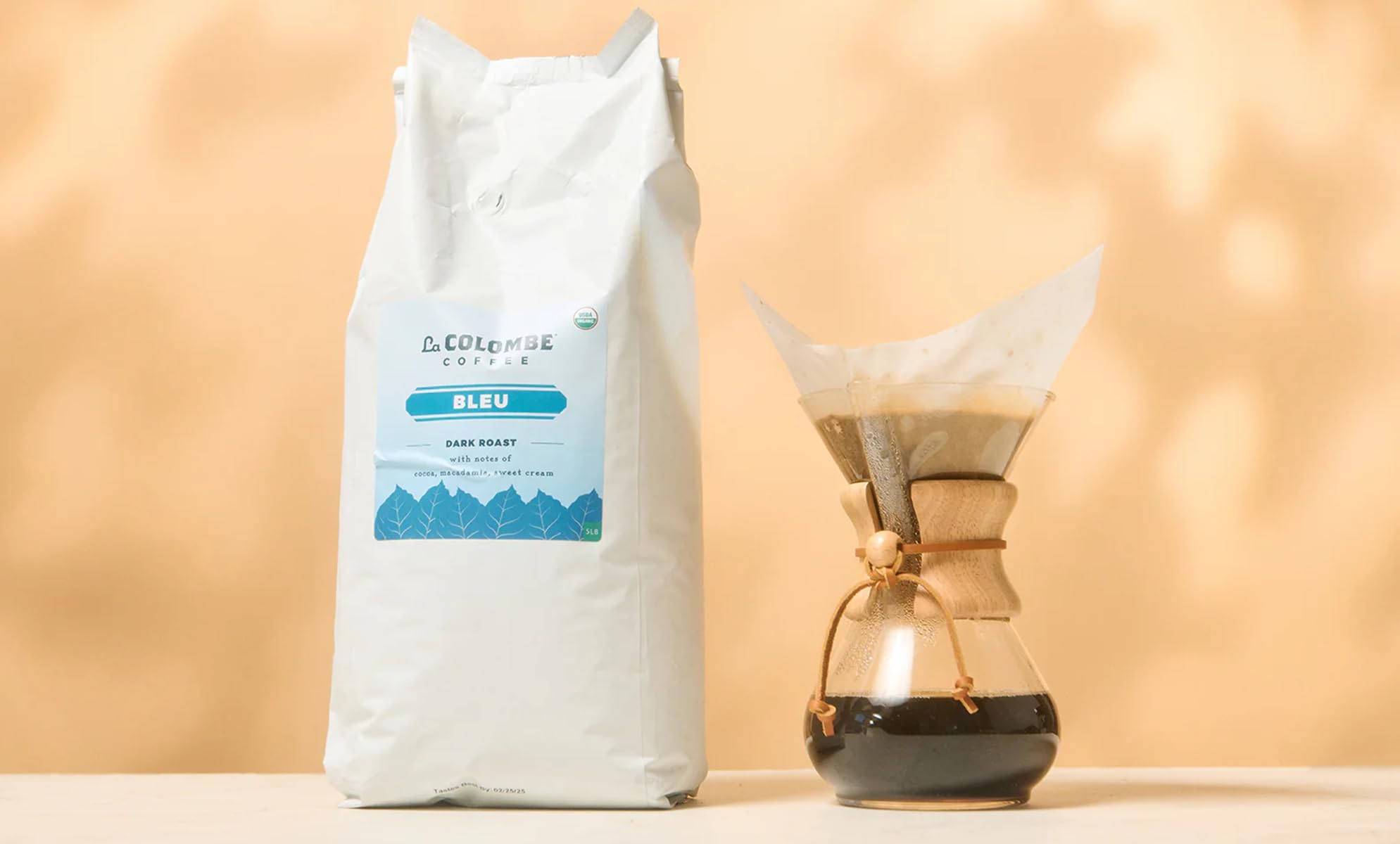 La Colombe Bleu Organic Dark Roast Whole Bean Coffee - Rich Cocoa, Macadamia & Sweet Cream Flavors, 5lb Bag (80oz) | Perfect for Home Brewing, Office Use & Gifts