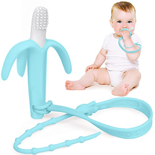 Share & Care Baby Teether Toys Set - Banana Teether & Anti-Dropping Wrist Teether for Soothing Sore Gums - BPA-Free Chew Toys for Infants (Blue) - Perfect for Teething Relief, On-the-Go & Sensory Play