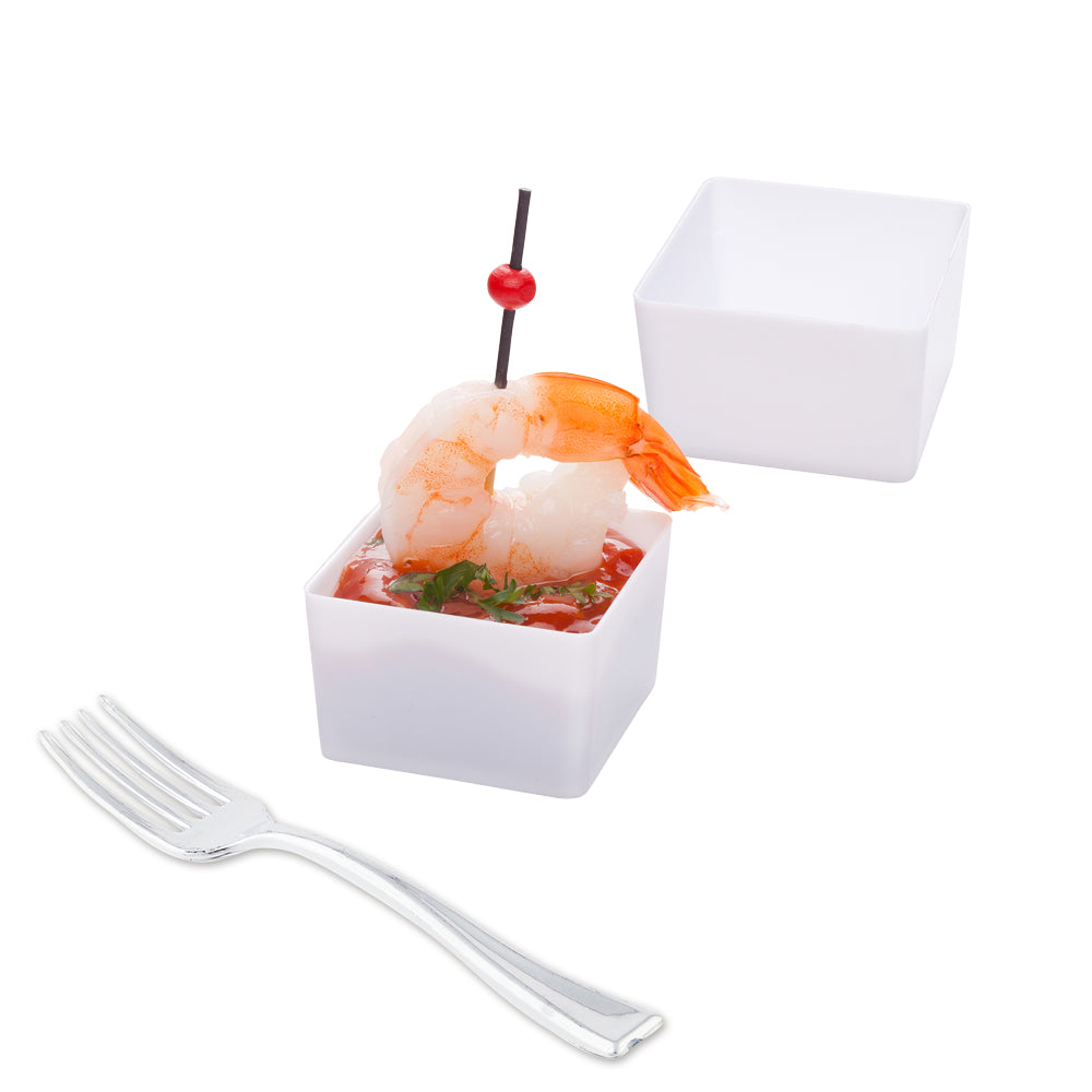 100 Pack 2 oz Square White Plastic Short Quadrato Cups with 100 Silver Mini Plastic Forks - Perfect for Parties, Weddings, and Catering Events