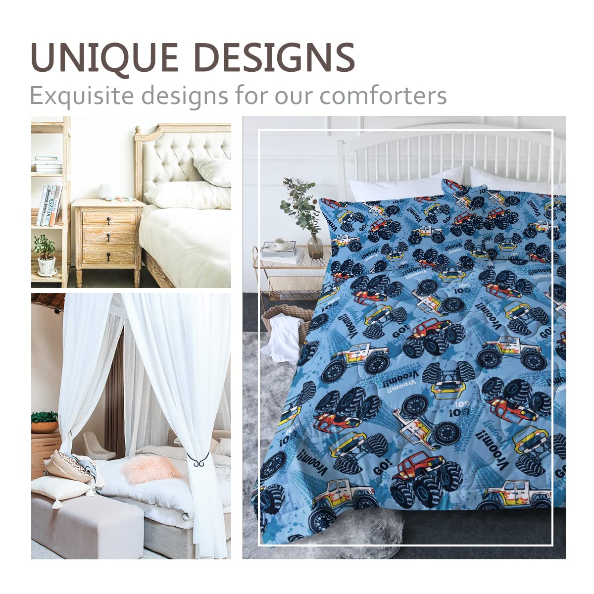 BlessLiving Boys Kids Teens Blue Monster Truck Comforter Set - Full/Queen Size Bedding with 2 Pillow Shams - Fun Car Themed Quilt for Children's Room, Dorm & Sleepovers