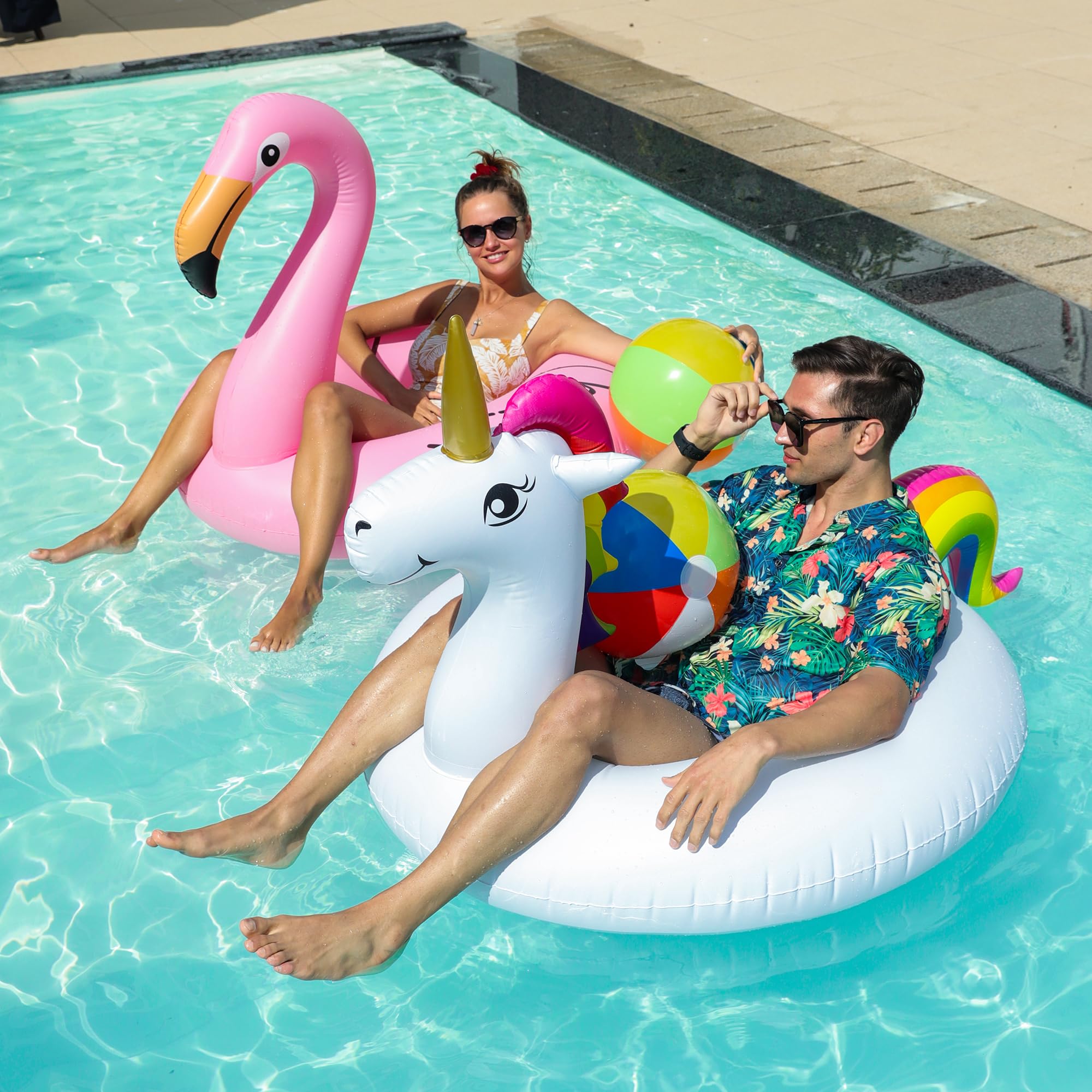 **PARENTSWELL 43-Inch Inflatable Unicorn & Flamingo Pool Floats (2-Pack) – Giant Pool Floaties with 2 Free Beach Balls – Premium Inflatable Pool Raft Tubes for Adults – Perfect for Summer Pool Parties, Beach Trips & Relaxation**