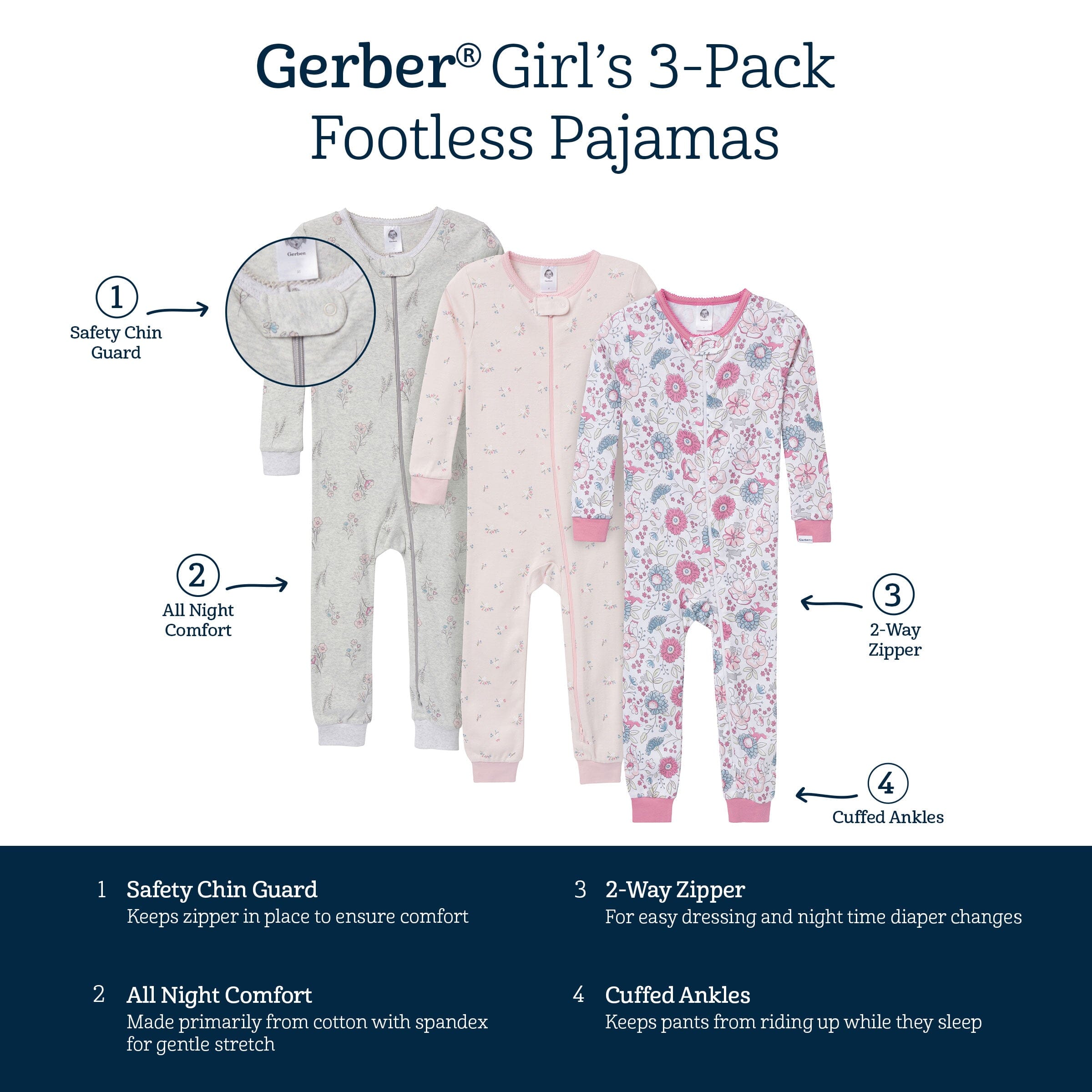 3 Pack Baby & Toddler Girls Woodland Floral Snug Fit Footless Pajamas - Soft Cotton Sleepwear for Playtime & Nursery - Perfect for Bedtime, Lounging & Photo Shoots