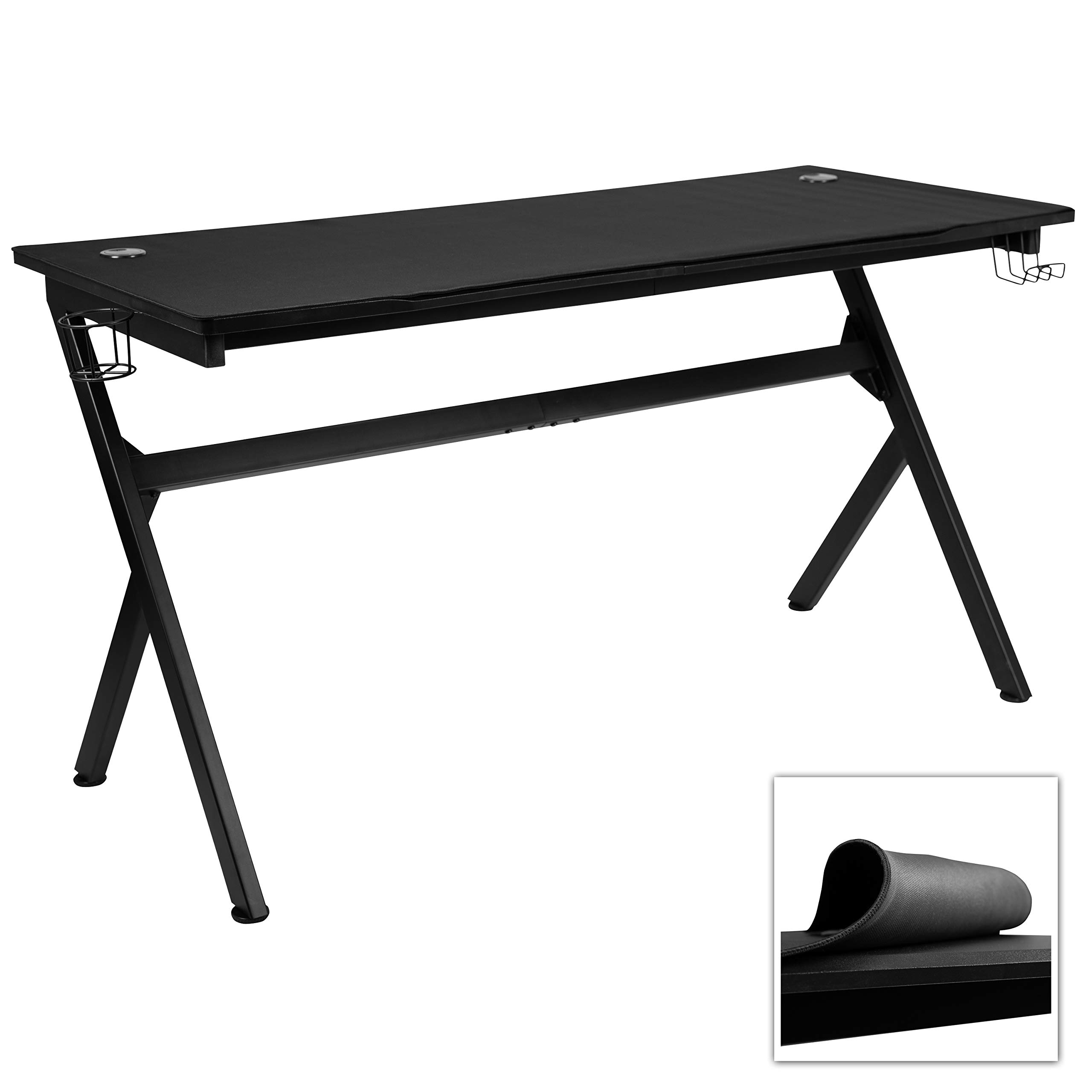 EMMA & OLIVER 55 Inch Black Gaming Computer Desk with Headphone Hook, Cable Management System & Mouse Pad - Perfect for Home Office, Gaming Setup and Workstation Organization