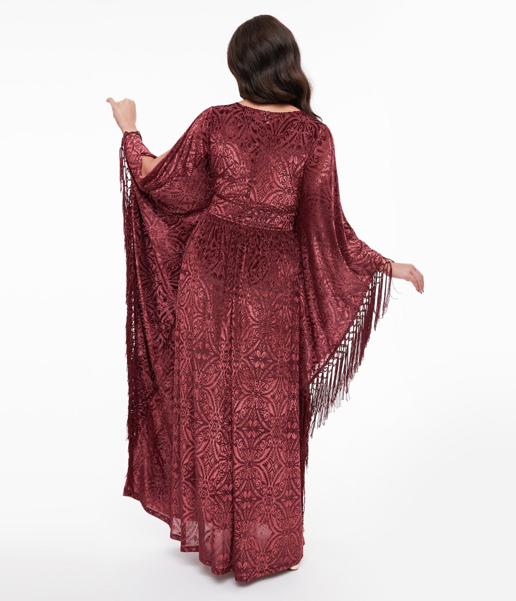 Vintage 1960s Burgundy Velvet Burnout Caftan Dress - Retro Bohemian Maxi Dress for Women - Perfect for Parties, Weddings & Special Occasions