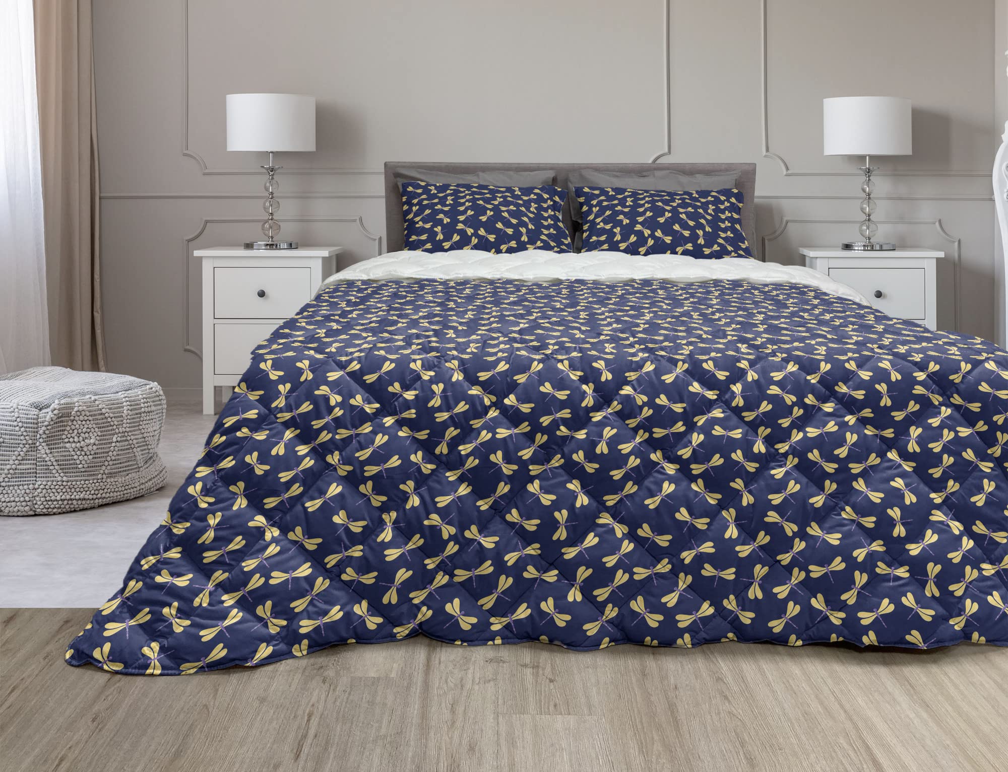 Ambesonne Dragonfly Comforter Set - 3 Piece Queen Size Microfiber Duvet Cover with Sham | Nature-Inspired Insect & Winged Summer Design in Mustard & Dark Indigo | Perfect for Bedroom Decor, Guest Rooms & Bohemian Style Homes