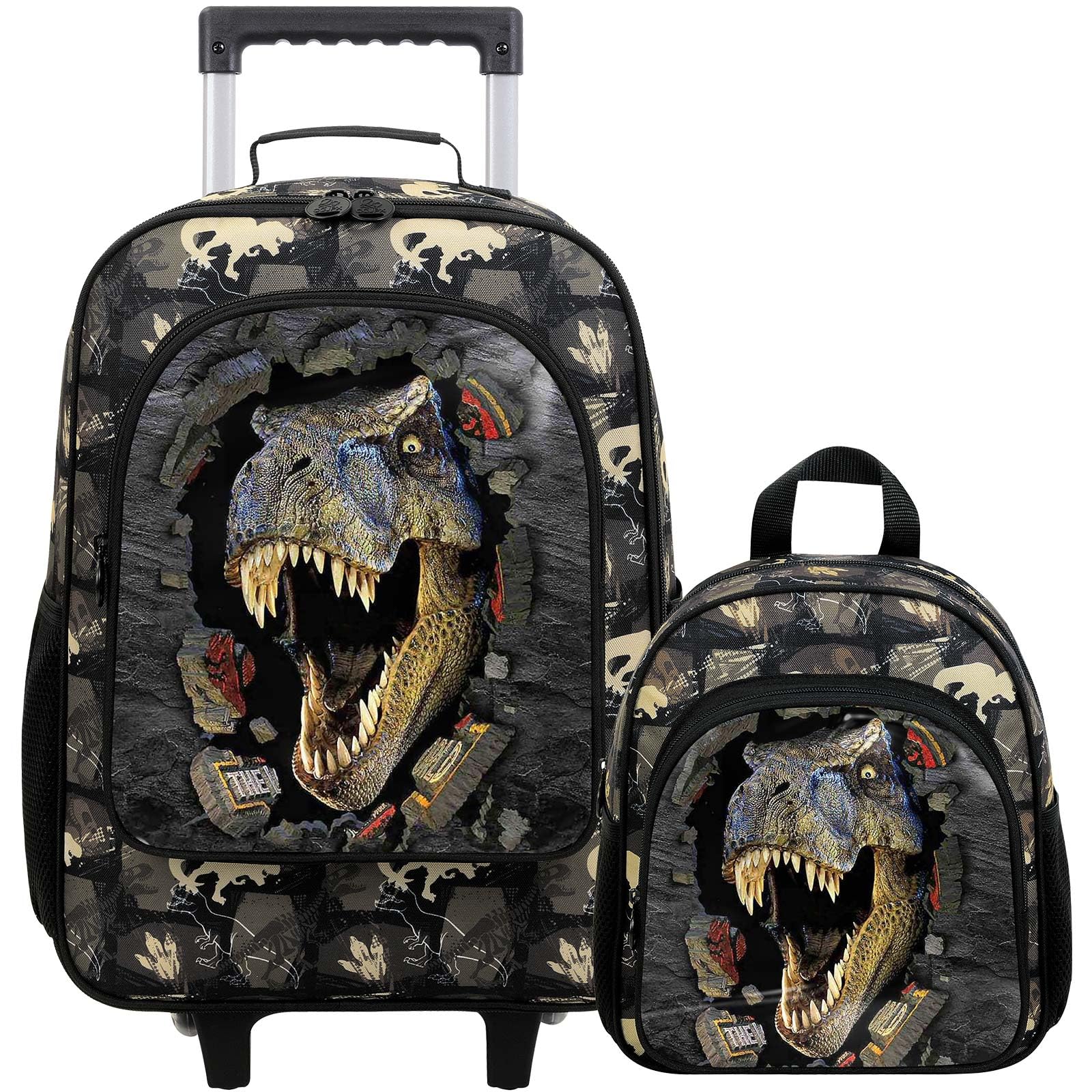 2Pcs Boys Suitcase Set with Wheels - Kids Rolling Carry-On Luggage & Dinosaur Travel Backpack for Toddlers (Black) | Perfect for Air Travel, Road Trips & School Adventures