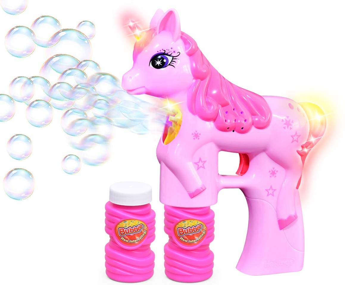 Unicorn Bubble Gun Toy - Bubble Blaster for Kids Birthday Party Favors, Parent-Friendly Silent Design with Extra Refill Bottle & Batteries Included - Perfect for Outdoor Play, Birthday Parties, and Summer Fun