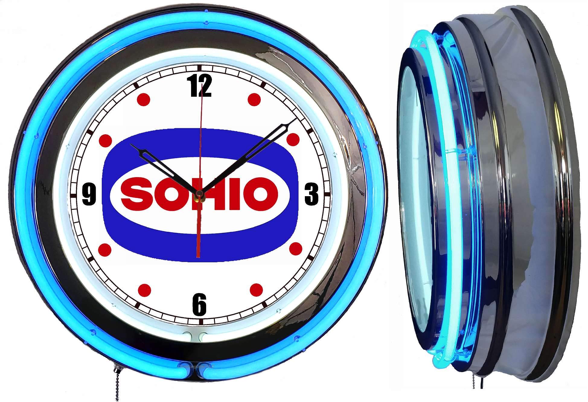 Vintage Sohio Oil Neon Clock - 19 Inch Retro Blue Neon Sign with Dual Tubes - Perfect for Bars, Garages, and Man Cave Decor