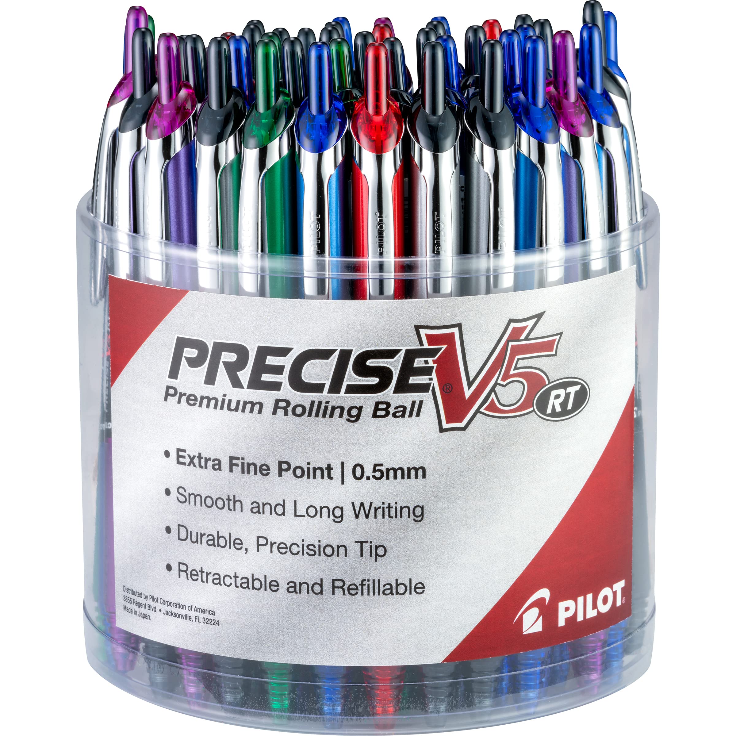 Pilot Precise V5 RT Refillable Retractable Liquid Ink Rolling Ball Pens - Extra Fine 0.5mm Point - 48-Pack Assorted Colors - Ideal for Office, School, Note-Taking & Art Projects