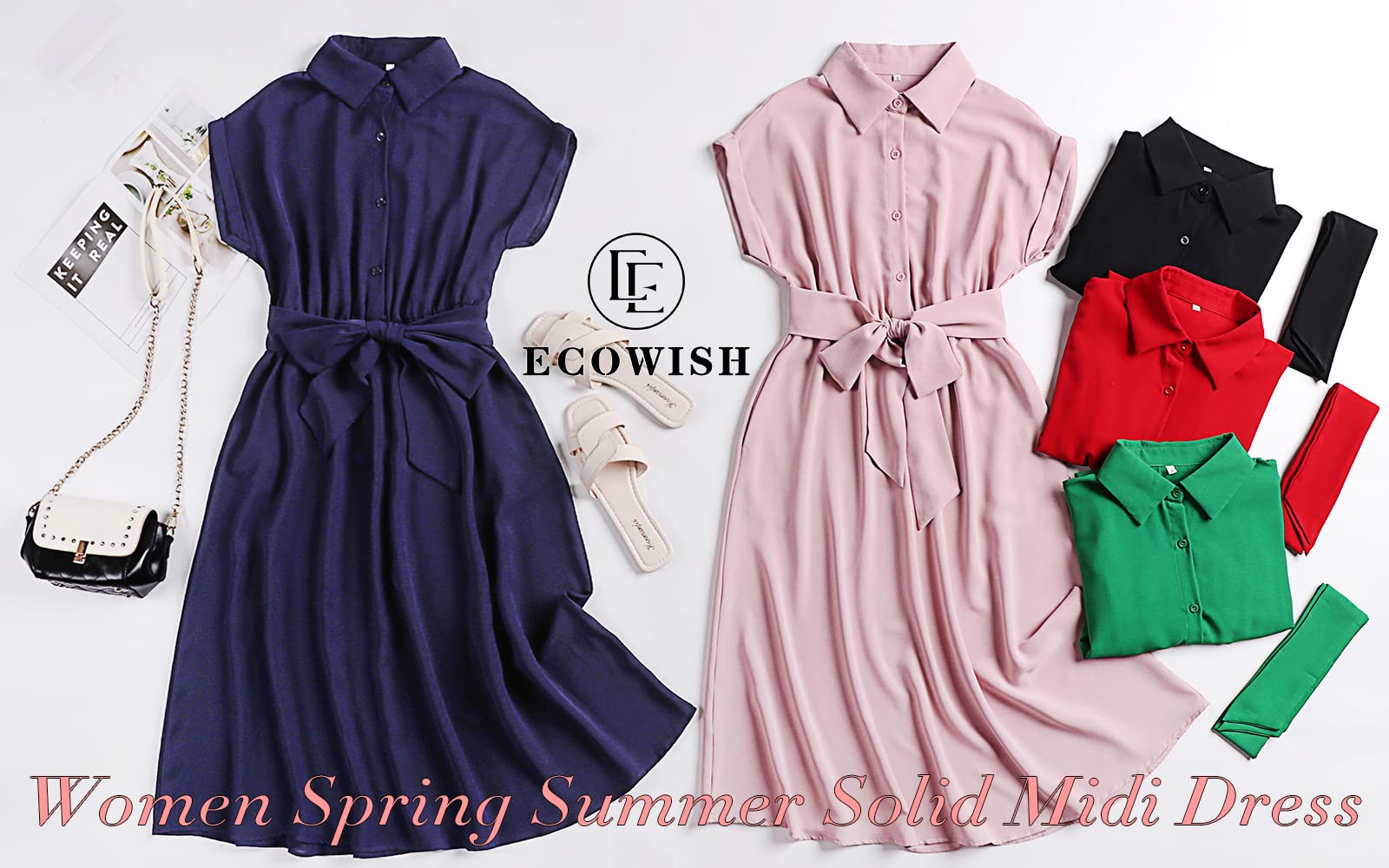 ECOWISH Women's Casual Midi Dress - Solid V-Neck Short Sleeve Button Down Shirt Dress with Belt & Pockets | Spring Summer 2025 Fashion | Perfect for Office, Date Night & Weekend Outings