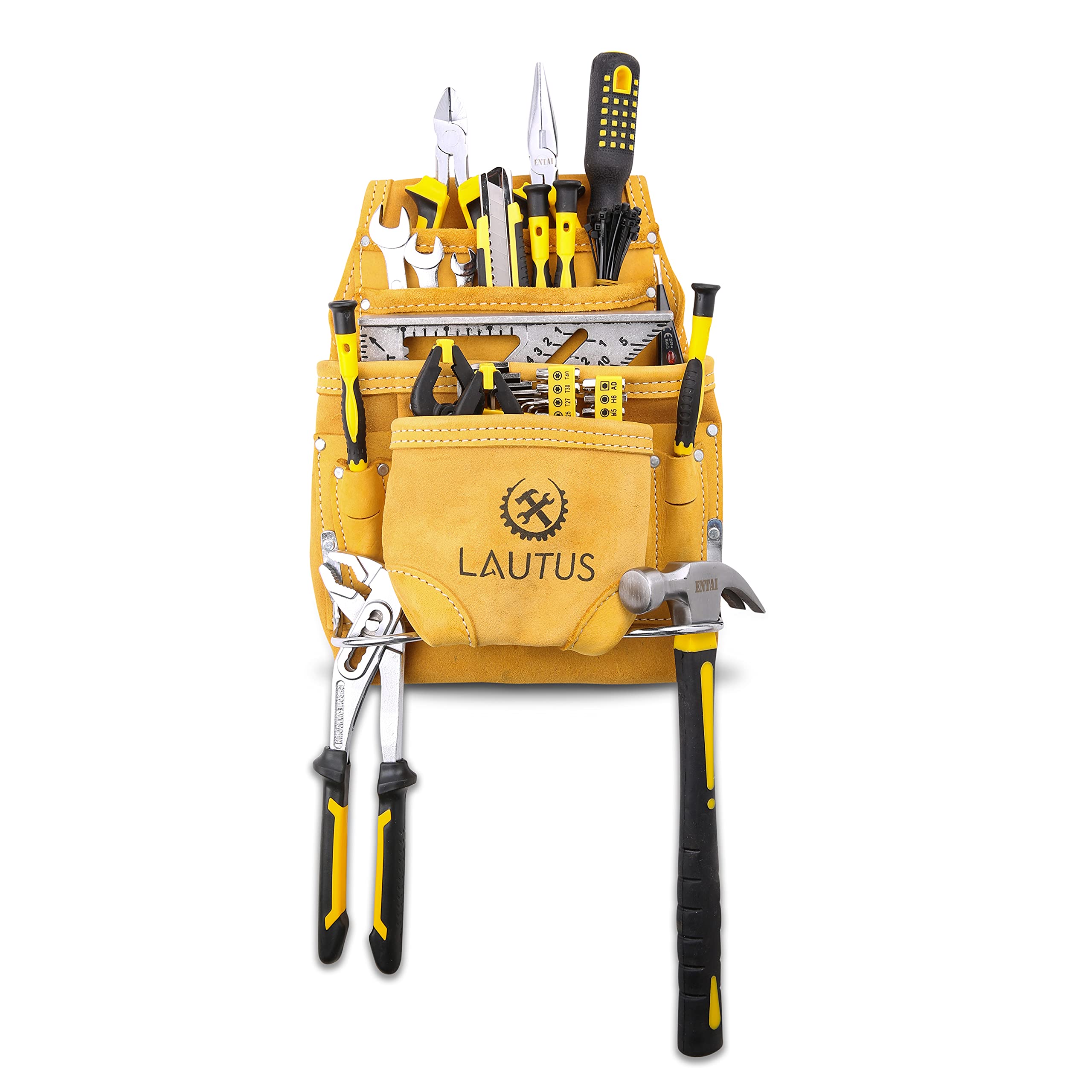 LAUTUS Nubuck Top Grain Leather Tool Pouch Bag for Carpenters & Construction Workers - 10 Pockets & 2 Hammer Holders - 100% Genuine Leather - Perfect for Framing, Roofing & DIY Projects