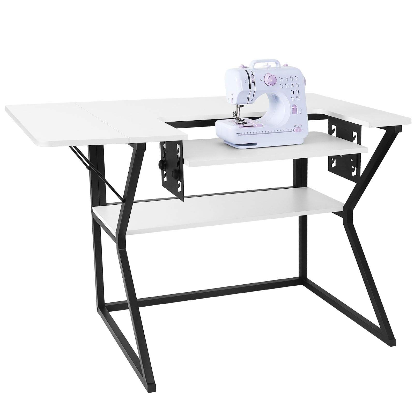 Adjustable Sewing Machine Table with Storage Shelf - Large White Sewing Table for Quilting, Crafting & DIY Projects - Perfect for Home Studios & Hobbyists