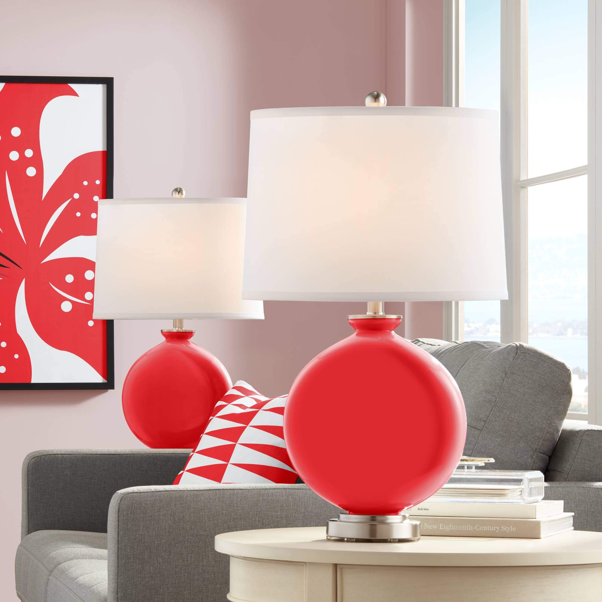 Poppy Red Carrie Table Lamp Set of 2 - Modern LED Nightstand Lamps with Fabric Shade for Bedroom, Living Room, Office Decor - Warm White Lighting for Cozy Ambience
