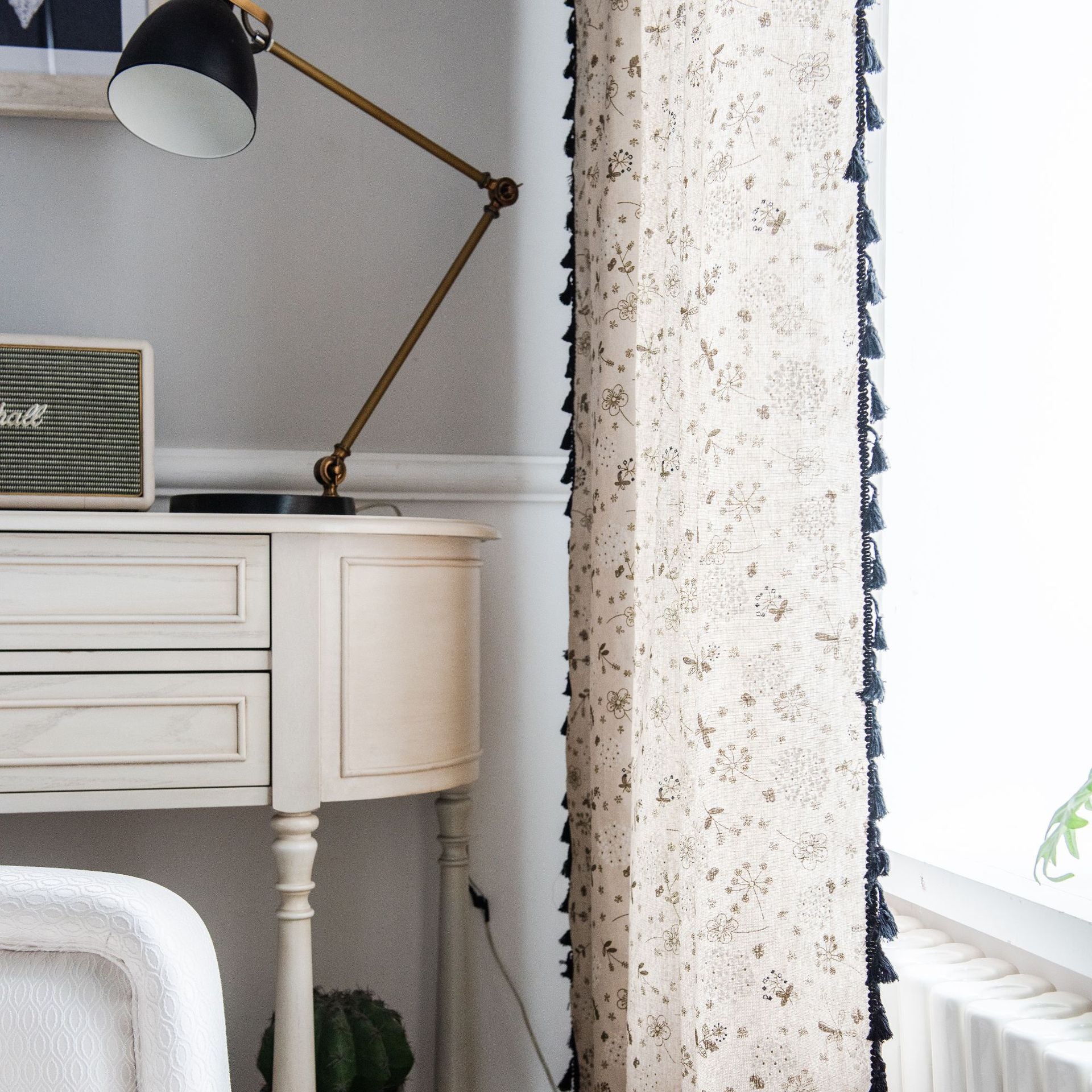 Leilani Dandelion Light Filtering White Custom Curtains with Tassels - Perfect for Living Room, Bedroom & Nursery Window Treatments