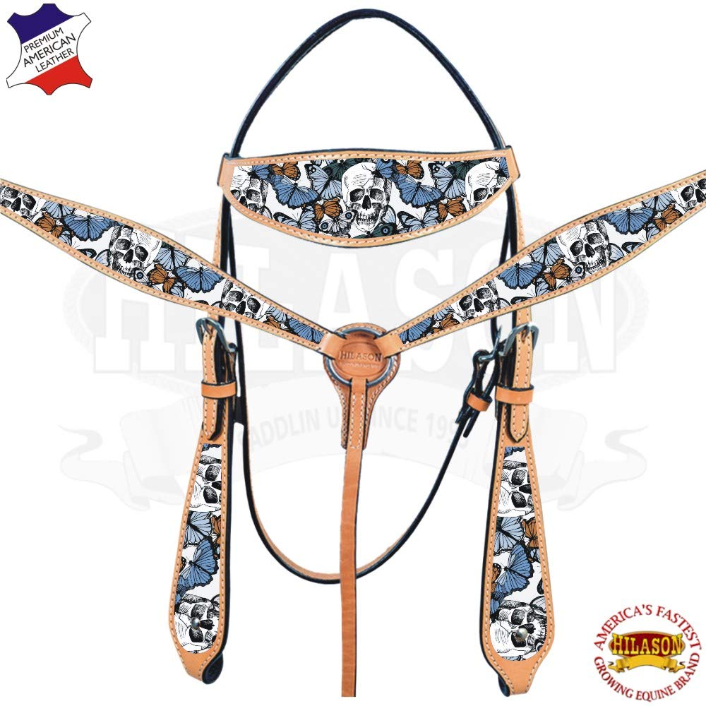HILASON Western Horse Headstall & Breast Collar Set - Genuine American Leather Skull Design | Durable Leather Headstall & Breast Collar | Complete Horse Tack Set for Trail Riding & Rodeo | Perfect for Western Riding, Horse Training & Show Competitions
