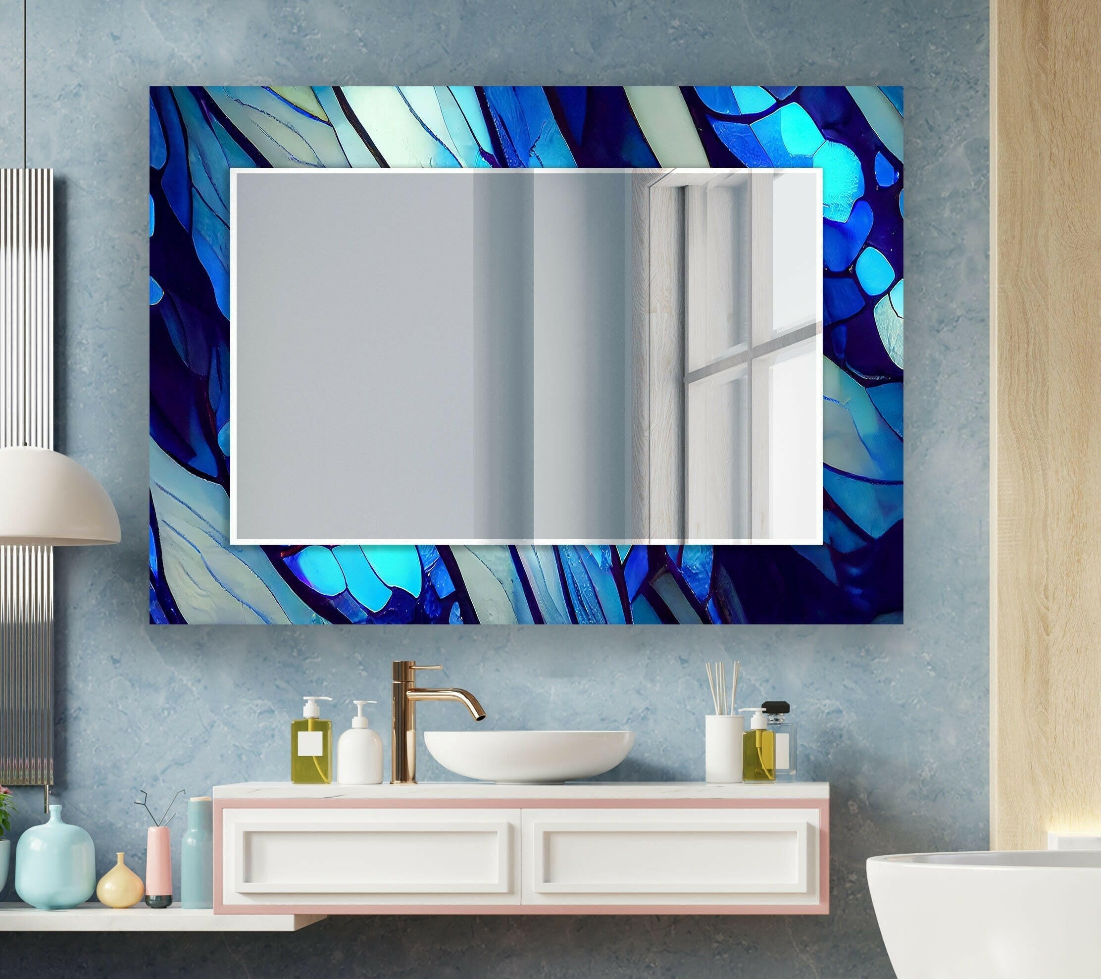 Blue Nacreous Abstract Wall Mirror - Modern Home Decor for Living Room, Bedroom & Entryway - Stylish & Elegant Interior Design Accent