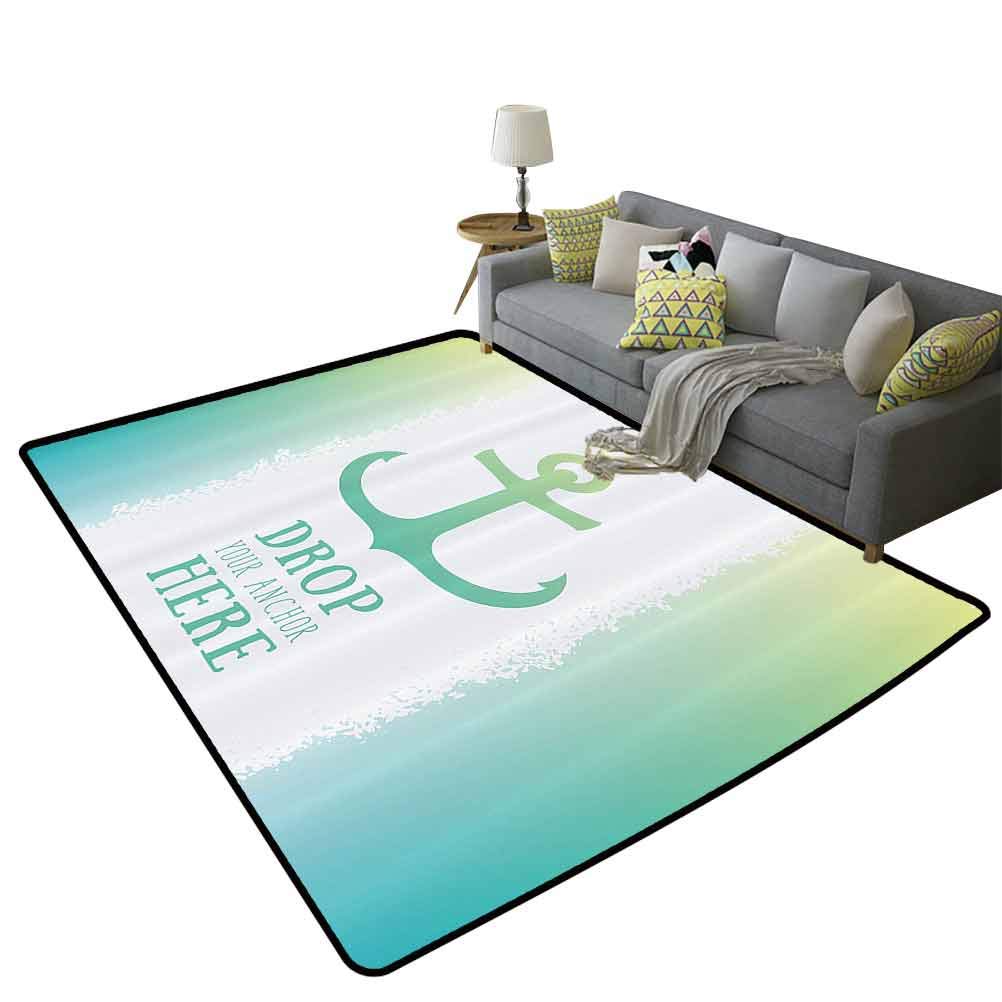 Nautical Decor Rustic Area Rugs with Anchor & Striped Design - 6'x7' (180x210cm) Green & White Coastal Rug for Living Room, Bedroom, or Office - Perfect Beach House Decor & Gift for Men
