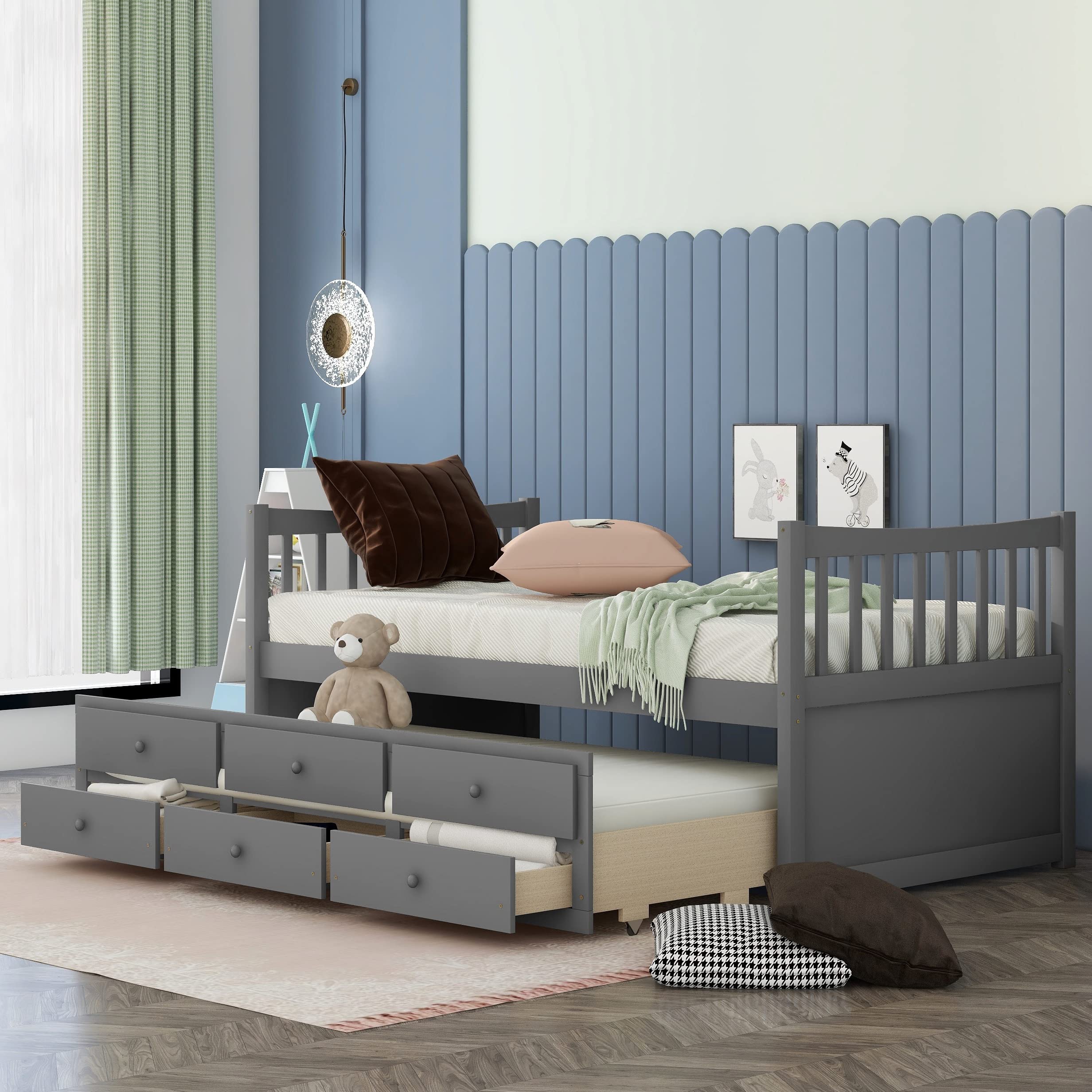 Twin Daybed with Trundle and Storage Drawers - Wooden Captain's Bed for Kids, Teens & Adults - Space-Saving Bedroom Furniture for Guest Rooms, Dorms & Small Apartments (Grey)
