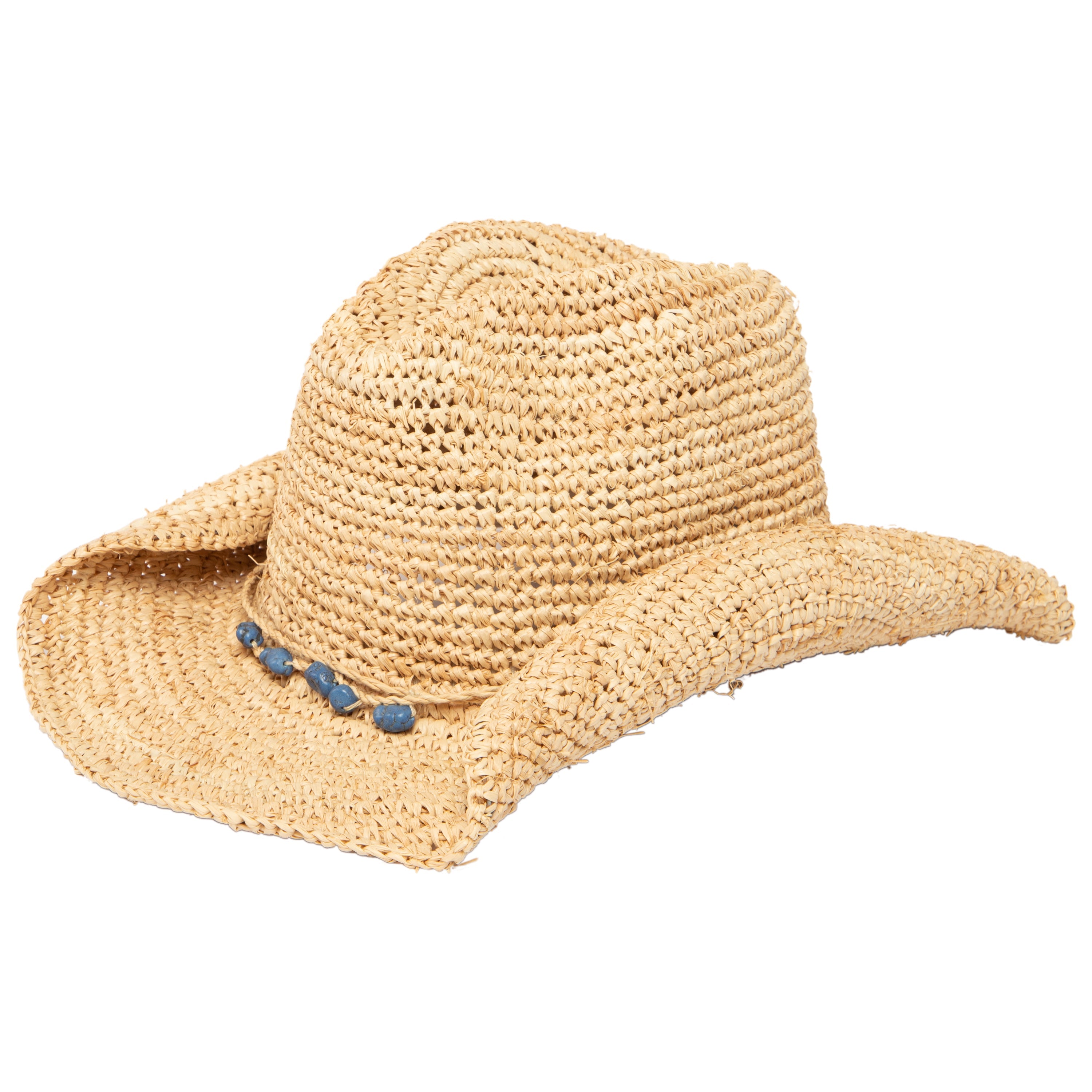 Stylish Women's Crocheted Raffia Cowboy Hat with Elegant Stone Trim - Perfect for Beach Vacations, Summer Outings & Country Music Festivals