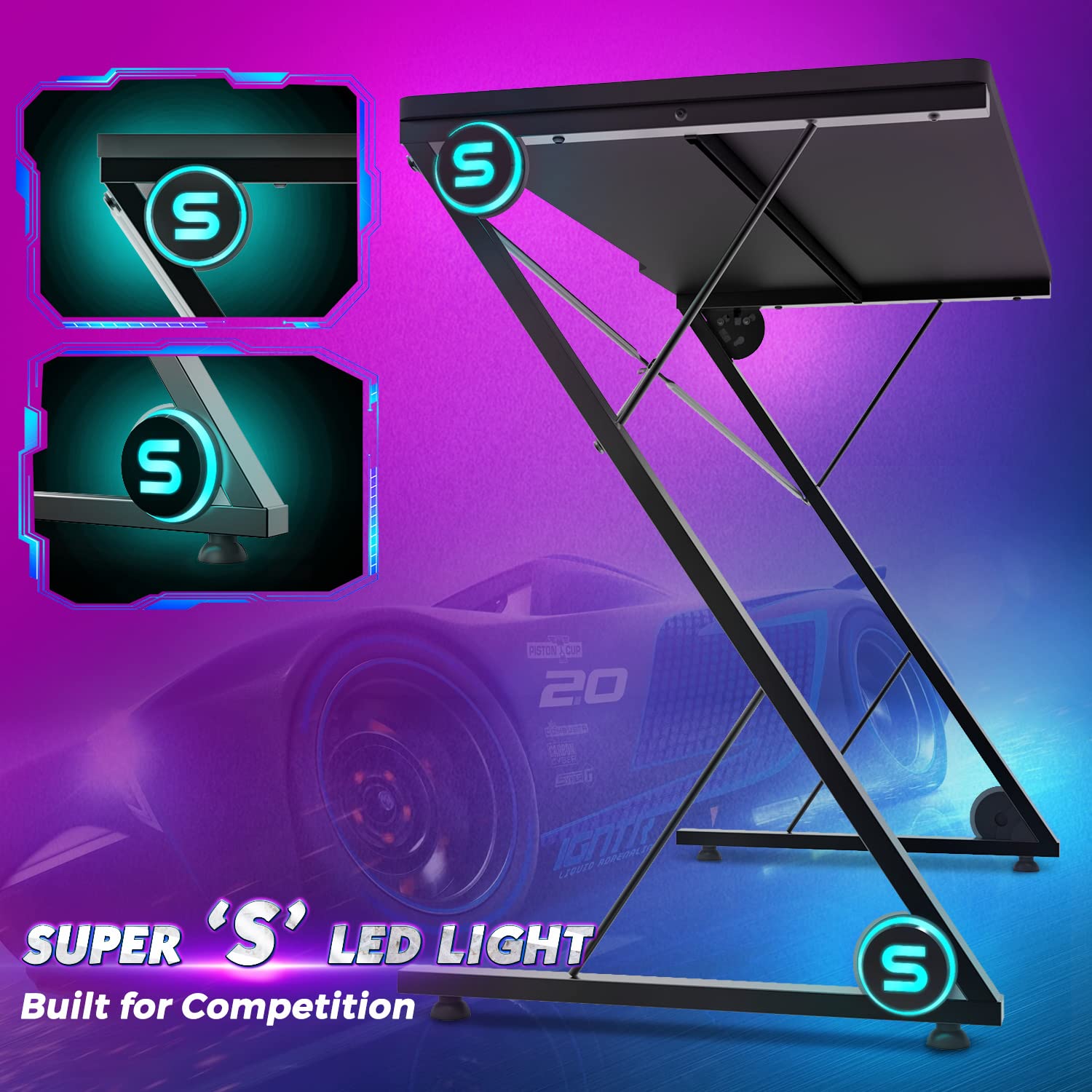 Z-Shaped Gaming Desk with LED Lights - Ergonomic Computer Desk for PC Gaming & Home Office Work - Space-Saving Black Gaming Table for Small Rooms | Perfect for Streamers & Gamers