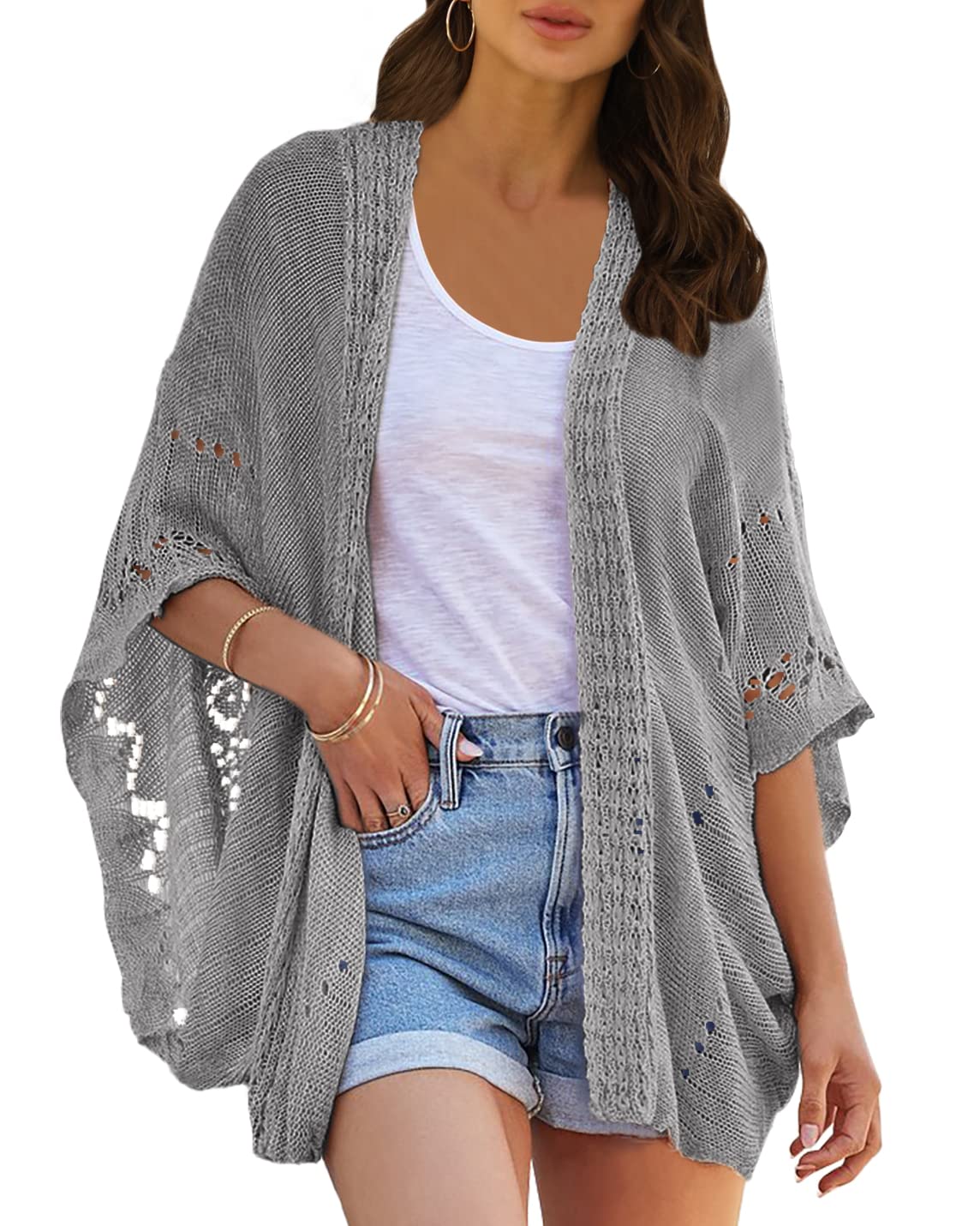 Ermonn Women's Crochet Cardigan Sweater - Open Front Kimono Batwing Sleeve Lightweight Casual Outerwear | Perfect for Spring, Summer, Beach Cover-ups & Boho Fashion