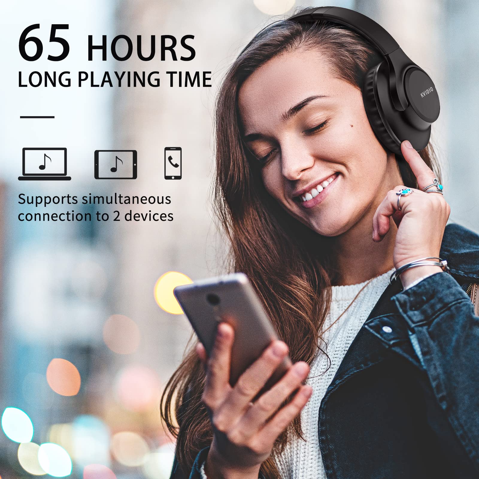 KVIDIO Bluetooth Over-Ear Headphones - 65H Playtime, Wireless with Mic, Foldable & Lightweight, Deep Bass & HiFi Stereo Sound for iPhone/Android - Perfect for Travel, Workouts & Gaming