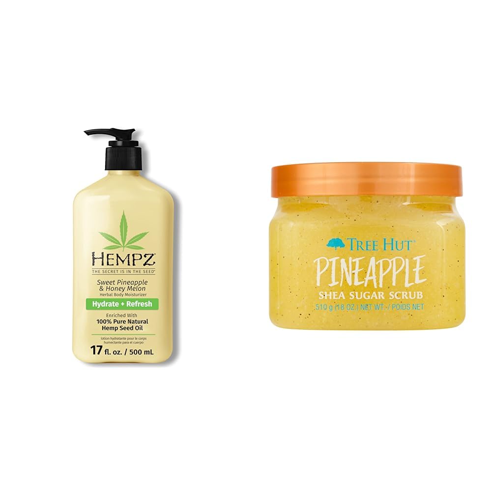 Hempz 17oz Hydrating Body Lotion with Natural Hemp Seed Oil & Tree Hut 18oz Pineapple Exfoliating Sugar Scrub - Moisturizing Skincare Duo for Dry Skin, Perfect for Spa Day & Self-Care Routine
