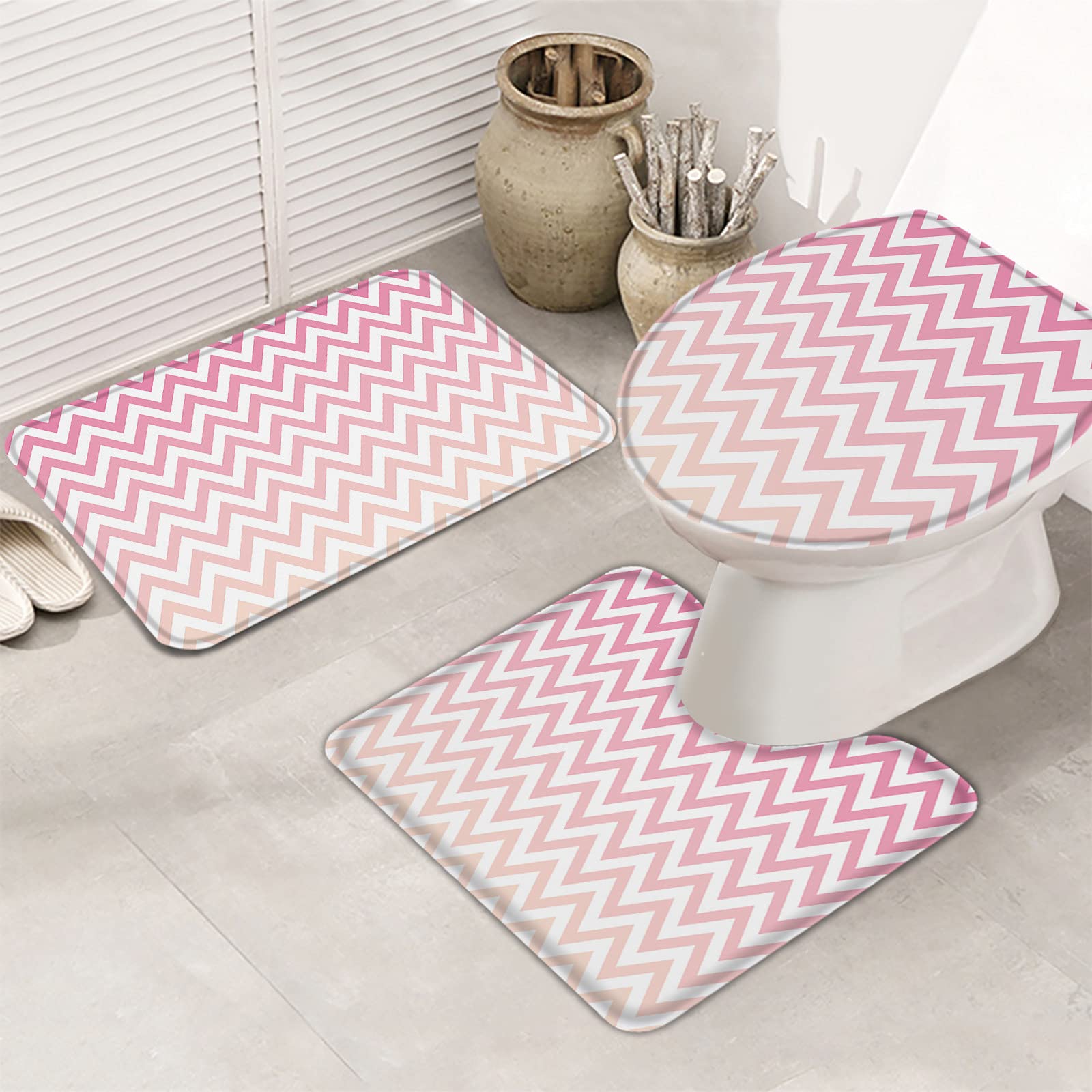 Premium 3-Piece Bathroom Rug Set - Soft Memory Foam Bath Mats with Non-Slip Backing, Pink Geometric Gradient Design for Bathroom, Toilet & Tub Area - Absorbent & Quick-Drying Shaggy Rugs for Home, Apartment & Dorm Use (Perfect for Bathroom Safety & Comfort)