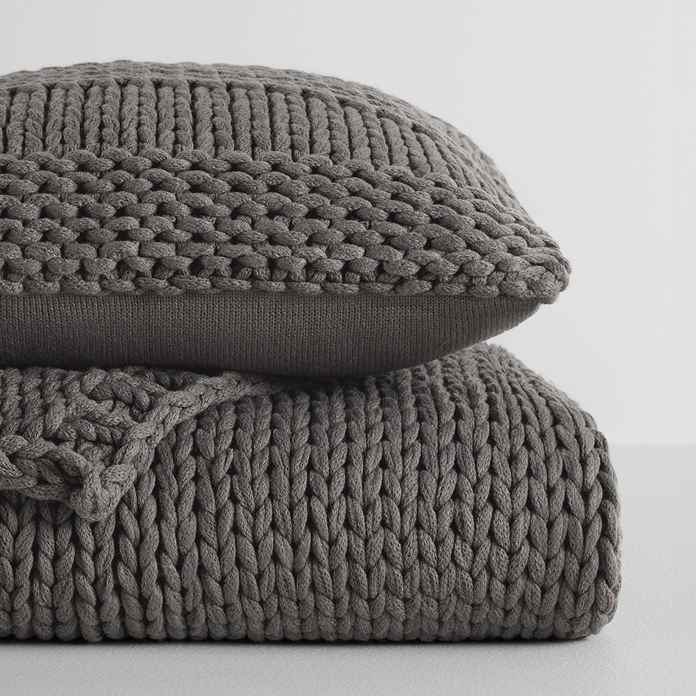 Chunky Knit Throw Blanket & Decorative Pillow Set with Insert - Soft Cozy Living Room Blanket for Couch, Bed, Sofa - Perfect for Winter Nights and Home Decor
