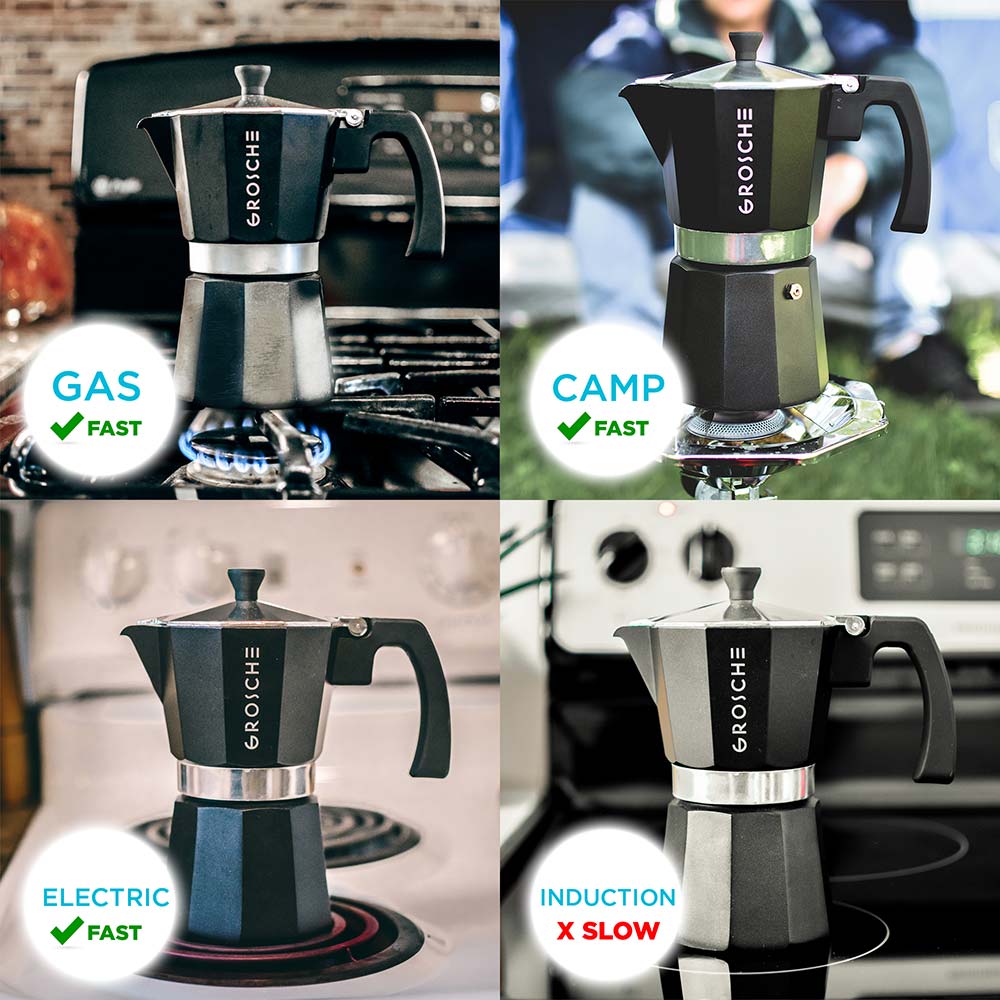 Grosche Milano Stovetop Espresso Maker - 9 Cup (15.2 fl oz) Charcoal Finish - Italian Moka Pot for Home & Camping Coffee Brewing