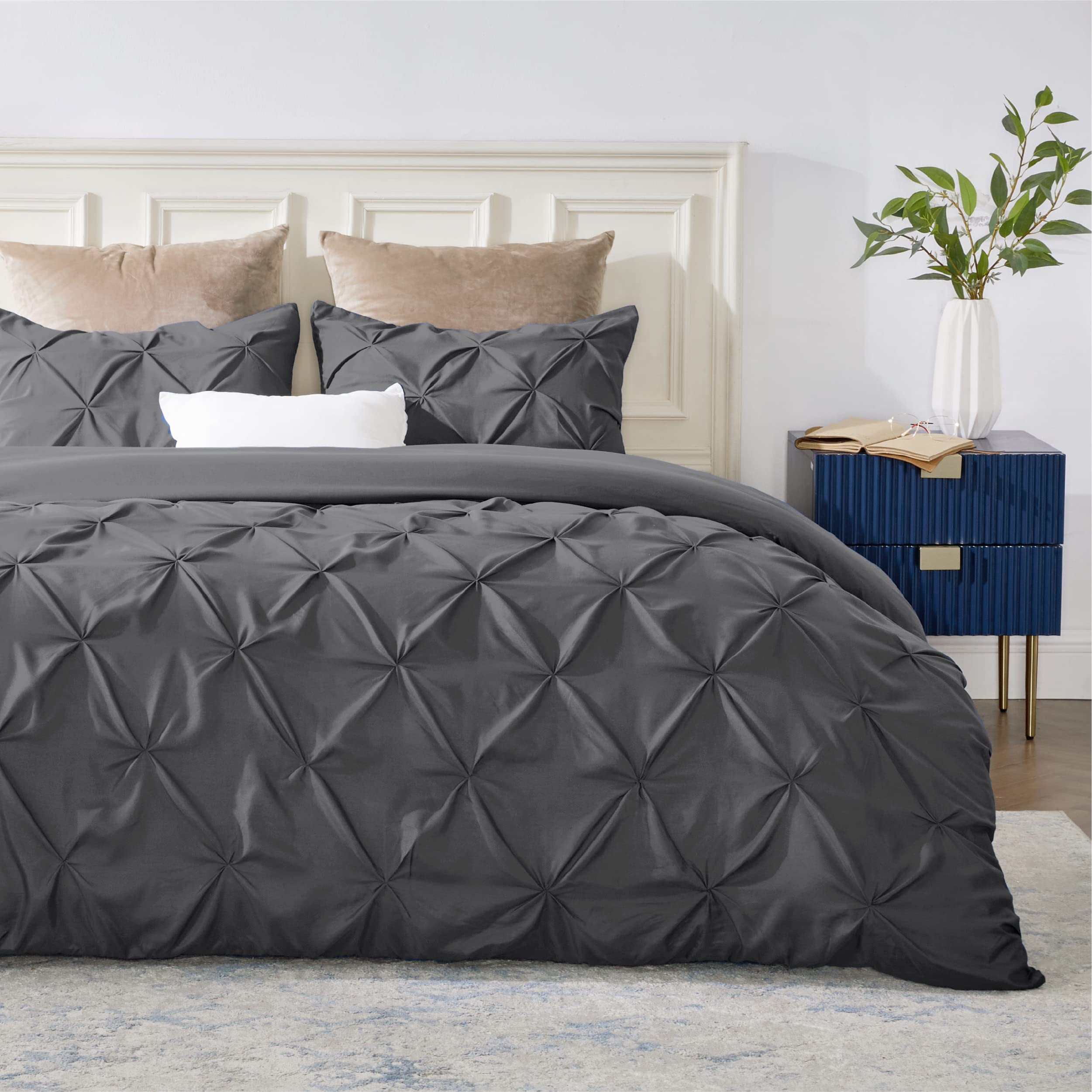 Premium Oversized Queen Duvet Cover Set 100x100 Inches - Pinch Pleated Dark Grey Microfiber with Zipper Closure | 3-Piece Luxury Bedding Set for Master Bedroom & Guest Room