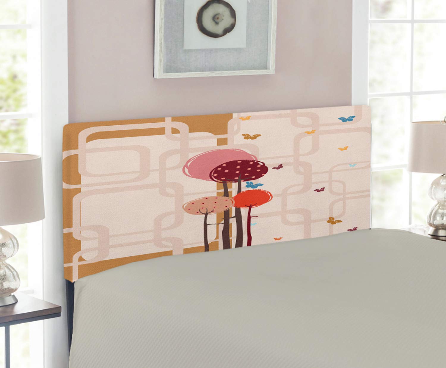 Ambesonne Retro Upholstered Headboard - Colorful Trees & Butterflies Design, Round Edged Squares Pattern, Twin Size Metal Bed Headboard with Memory Foam in Dried Rose Scarlet | Bohemian Bedroom Decor for Guest Rooms & Dormitories