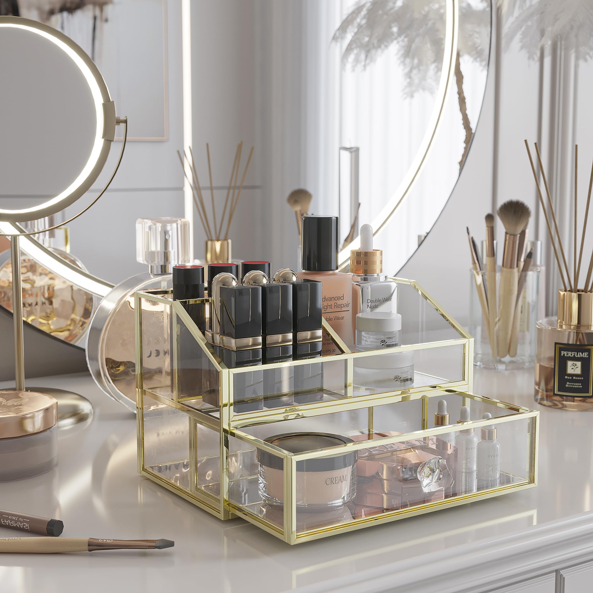 Clear Glass Makeup Organizer for Vanity & Jewelry - Bathroom & Dresser Storage