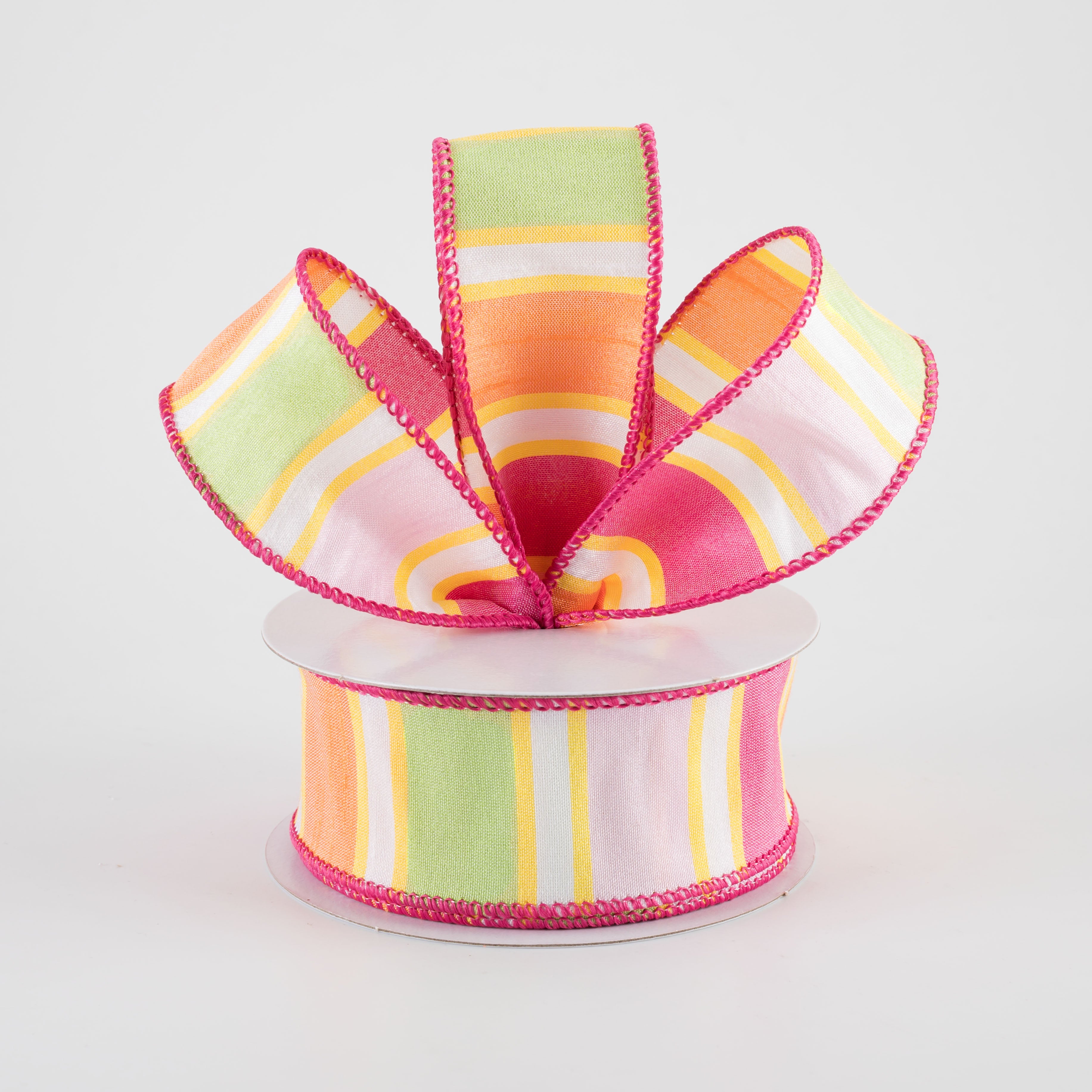 1.5 Inch Faux Dupioni Striped Ribbon - Fuchsia, Pink, Yellow & Orange (10 Yards) for Gift Wrapping, Wedding Decorations & Craft Projects
