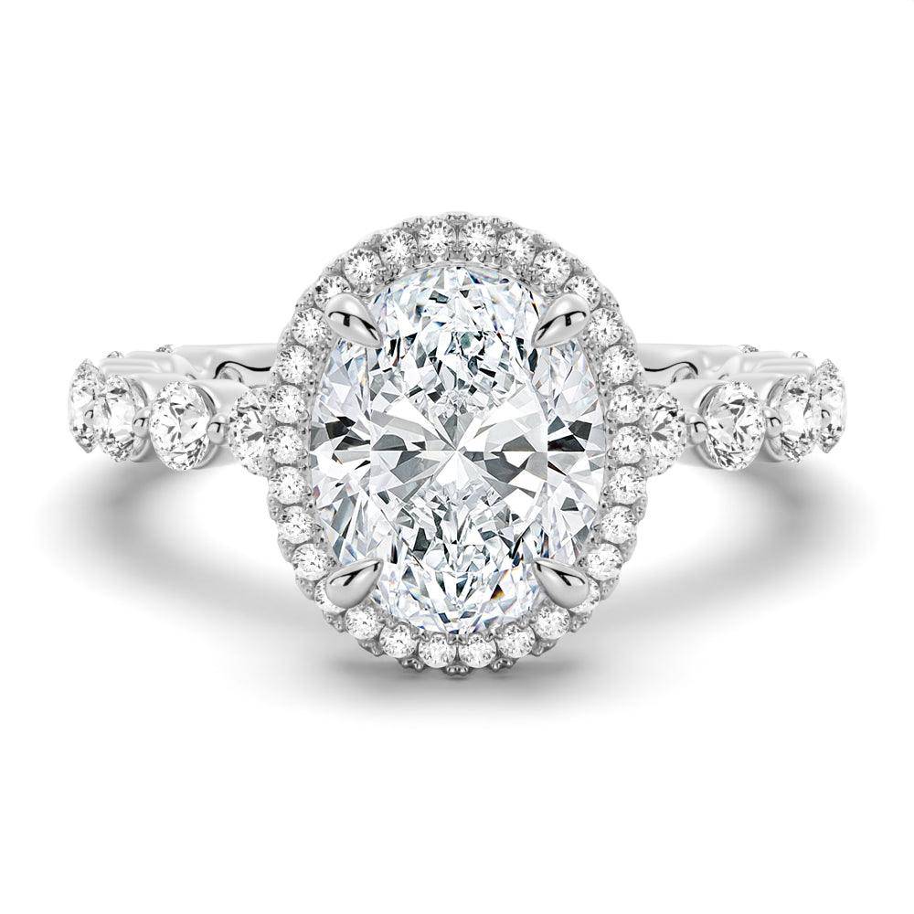 Oval Halo Pavé Shared Prong Band Moissanite Engagement Ring - Perfect for Proposals, Weddings & Anniversary Gifts