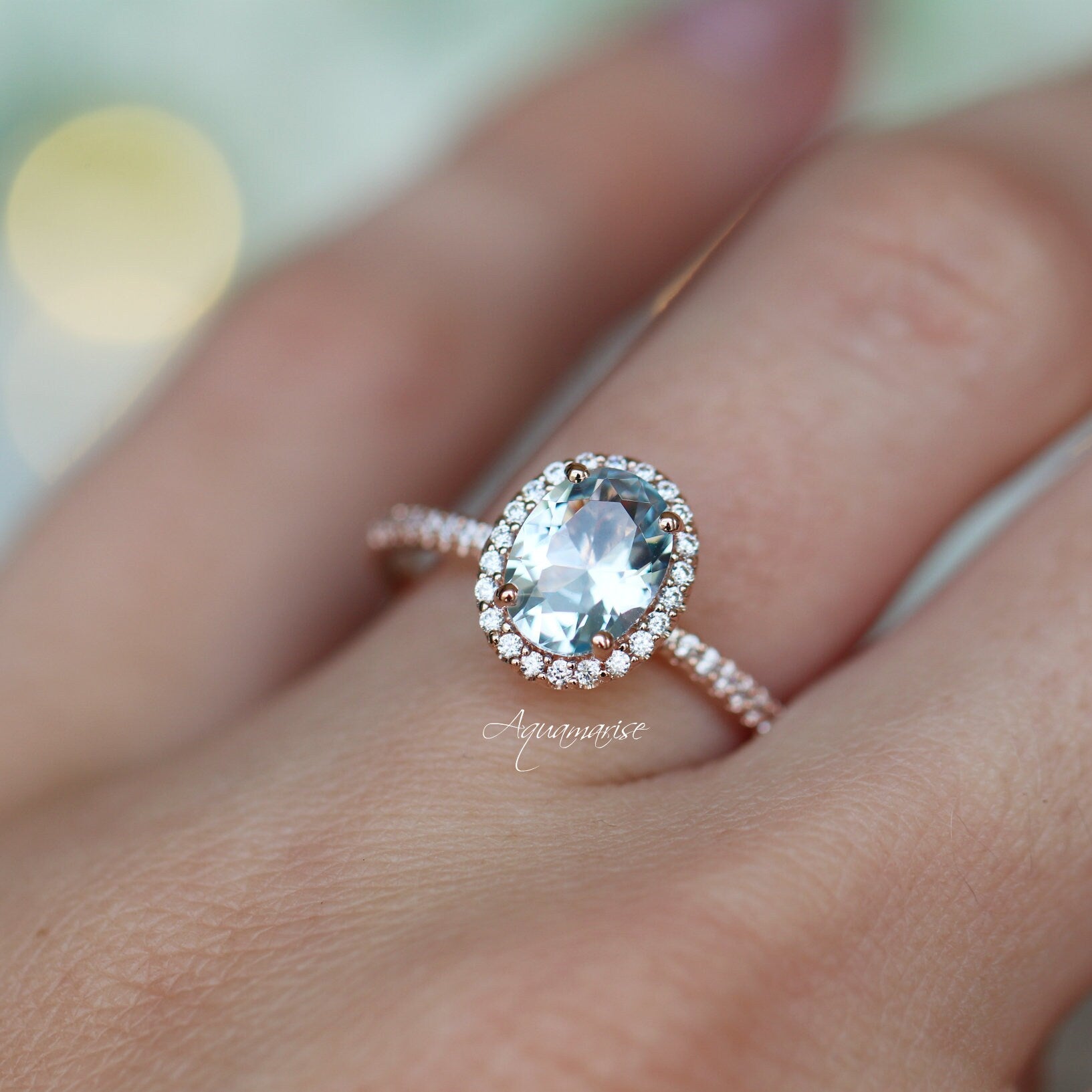14K Solid Rose Gold Iris Oval Aquamarine Engagement Ring - Elegant Wedding Band, Anniversary Gift for Her, Perfect for Proposals & Special Occasions