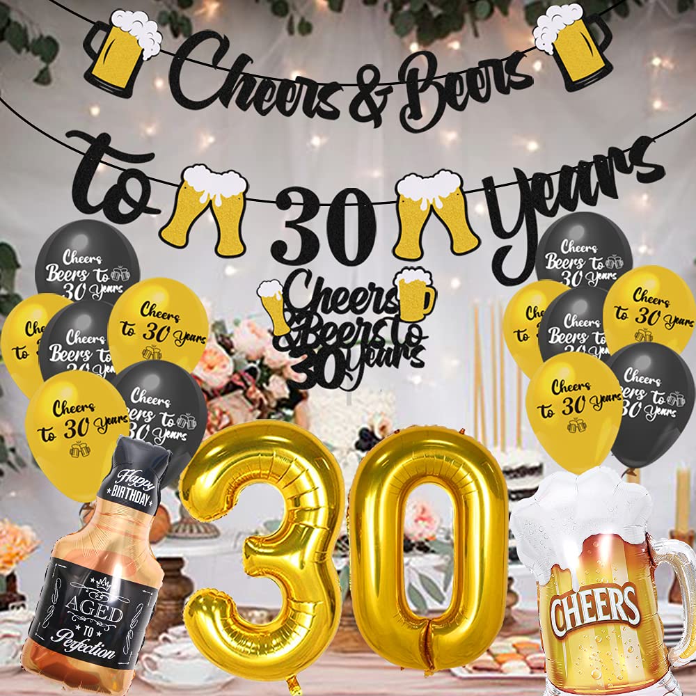 30th Birthday Decorations Set - 17Pcs Gold Balloons, Cake Topper & Banner for 30 Years Old Party Supplies | Perfect for Milestone Celebrations, Adult Birthday Parties & Anniversary Decor