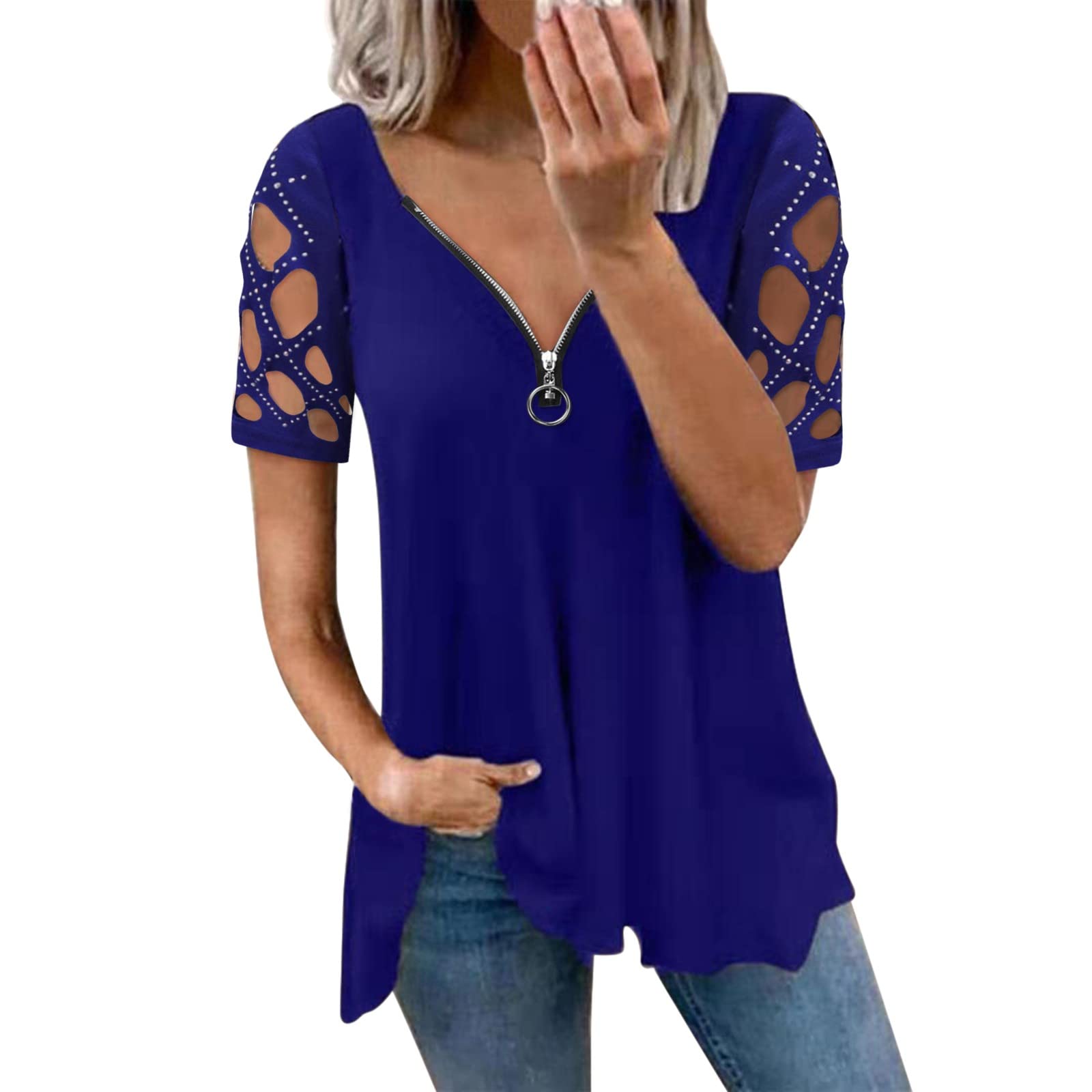 Women's Summer Hollow Out Short Sleeve Rhinestone V-Neck Loose Fit Solid T-Shirt with Zipper Detail - Casual Blouse & Tops for Beach, Party & Everyday Wear