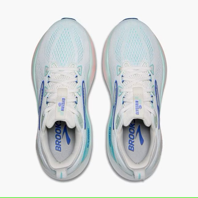 Brooks Women's Glycerin GTS 22 Running Shoes - White/Limpet Shell/Amparo Blue - Premium Cushioned Support for Road Running, Jogging & Gym Workouts