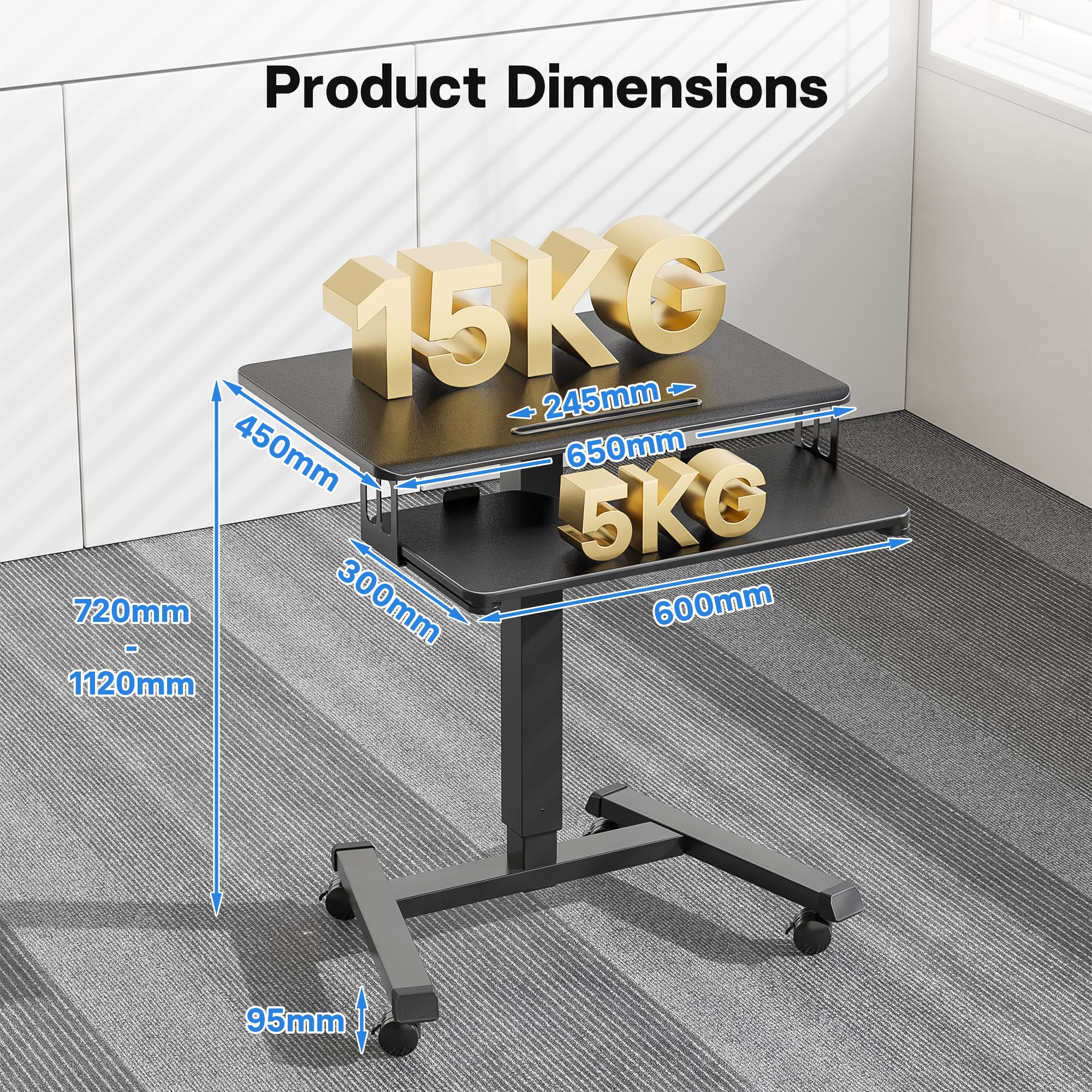 Adjustable Height Mobile Desk with 4 Wheels - 65x45cm Portable Standing Workstation with Keyboard Tray, Perfect for Home Office, Living Room & Bedroom - Ideal for Remote Work, Gaming & Study